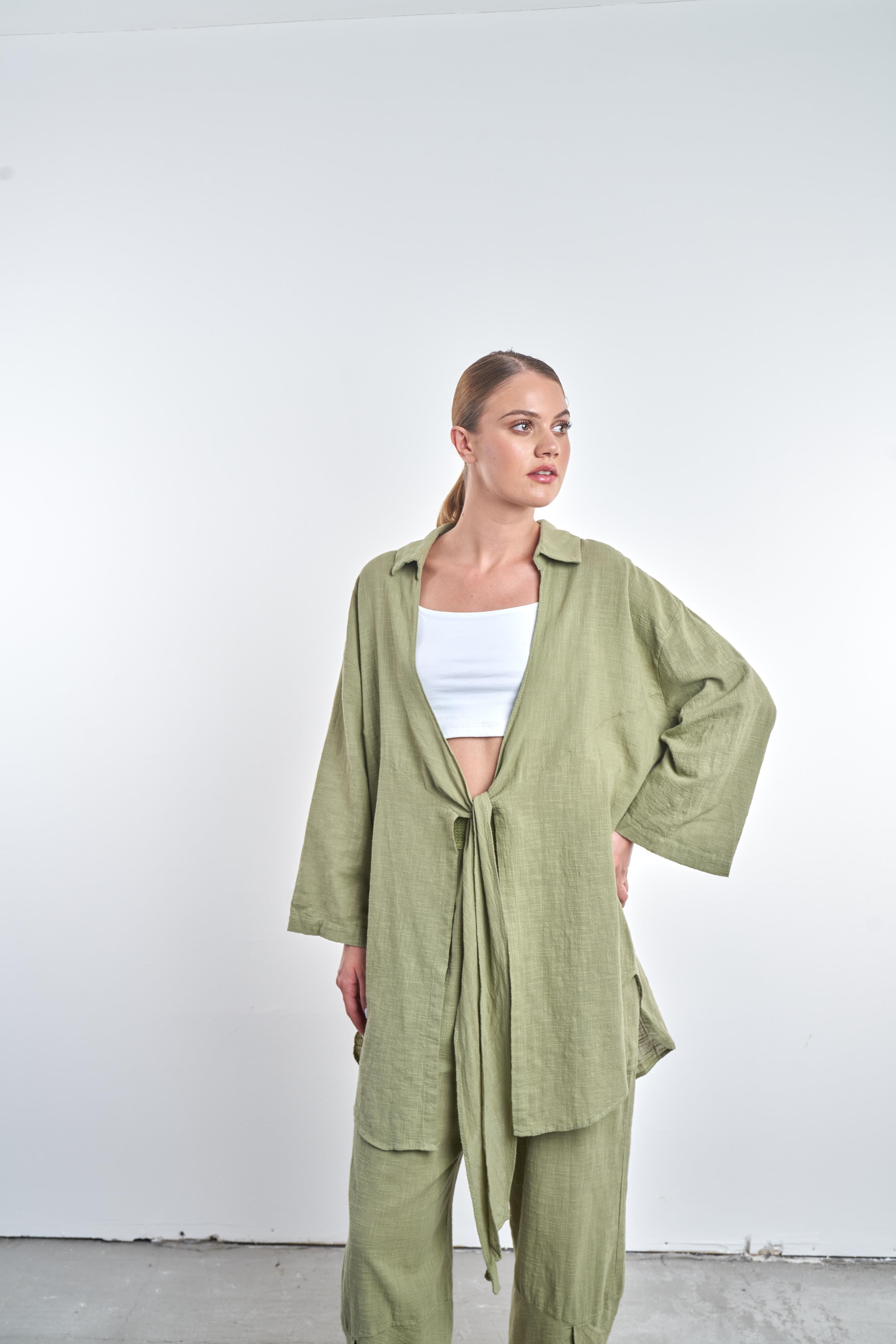 Ön Bağlama Detaylı Kimono Haki