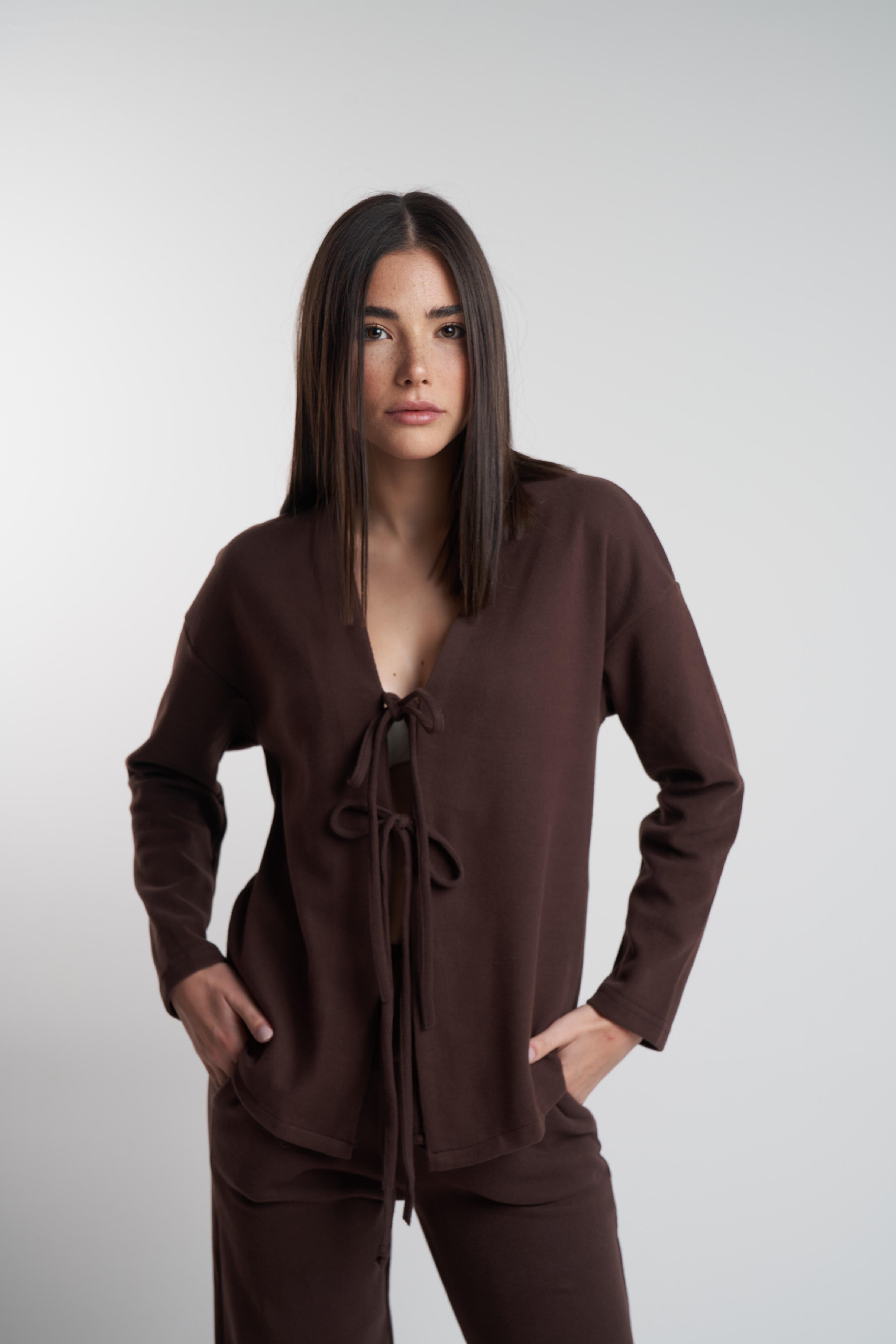 Ön Bağlama Detaylı Triko Hırka Kahve