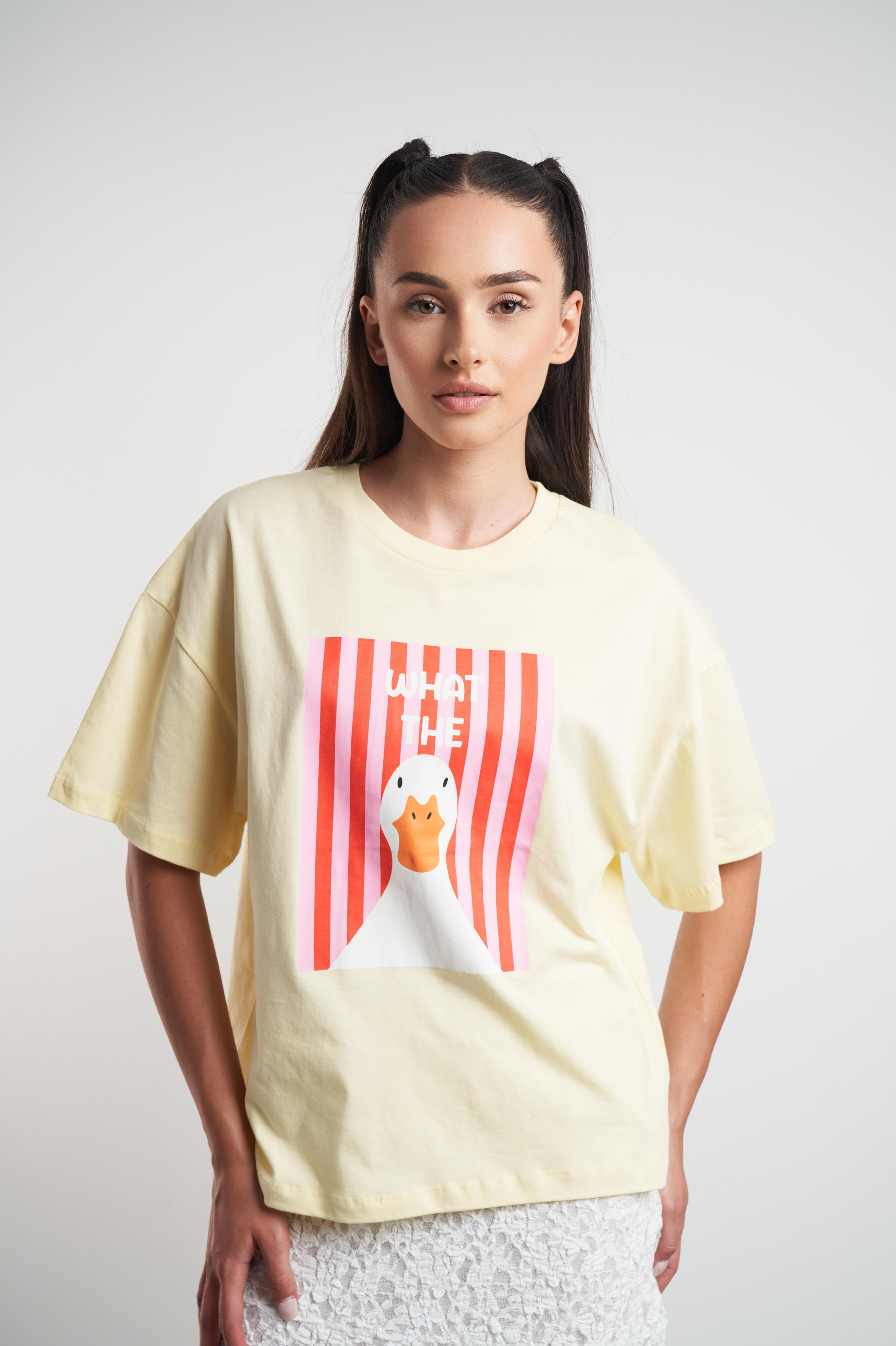 Ördek Baskılı Oversize Kısa Kol T-shirt Sarı