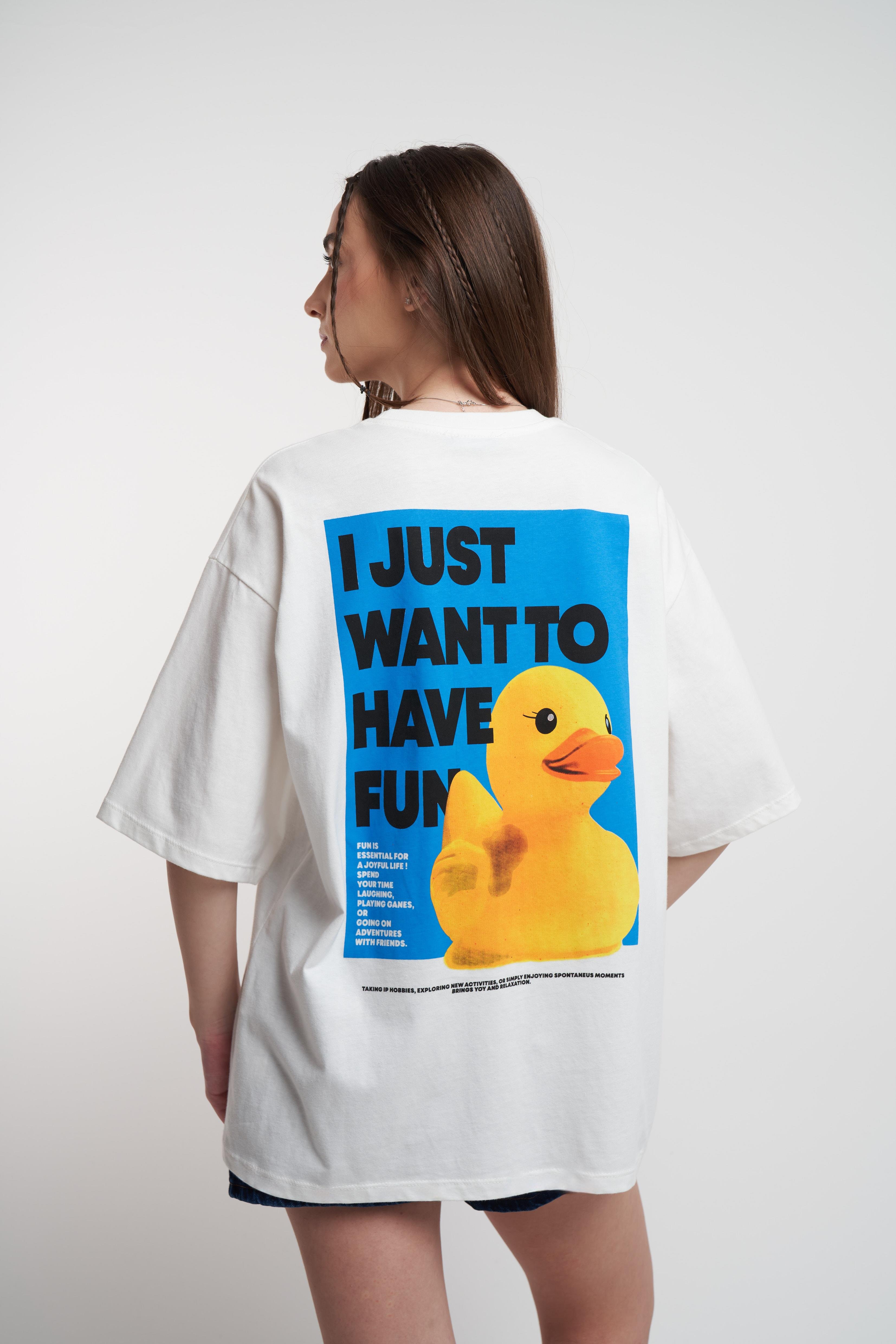 Ördek Baskılı Oversize Kısa Kol T-shirt Ekru