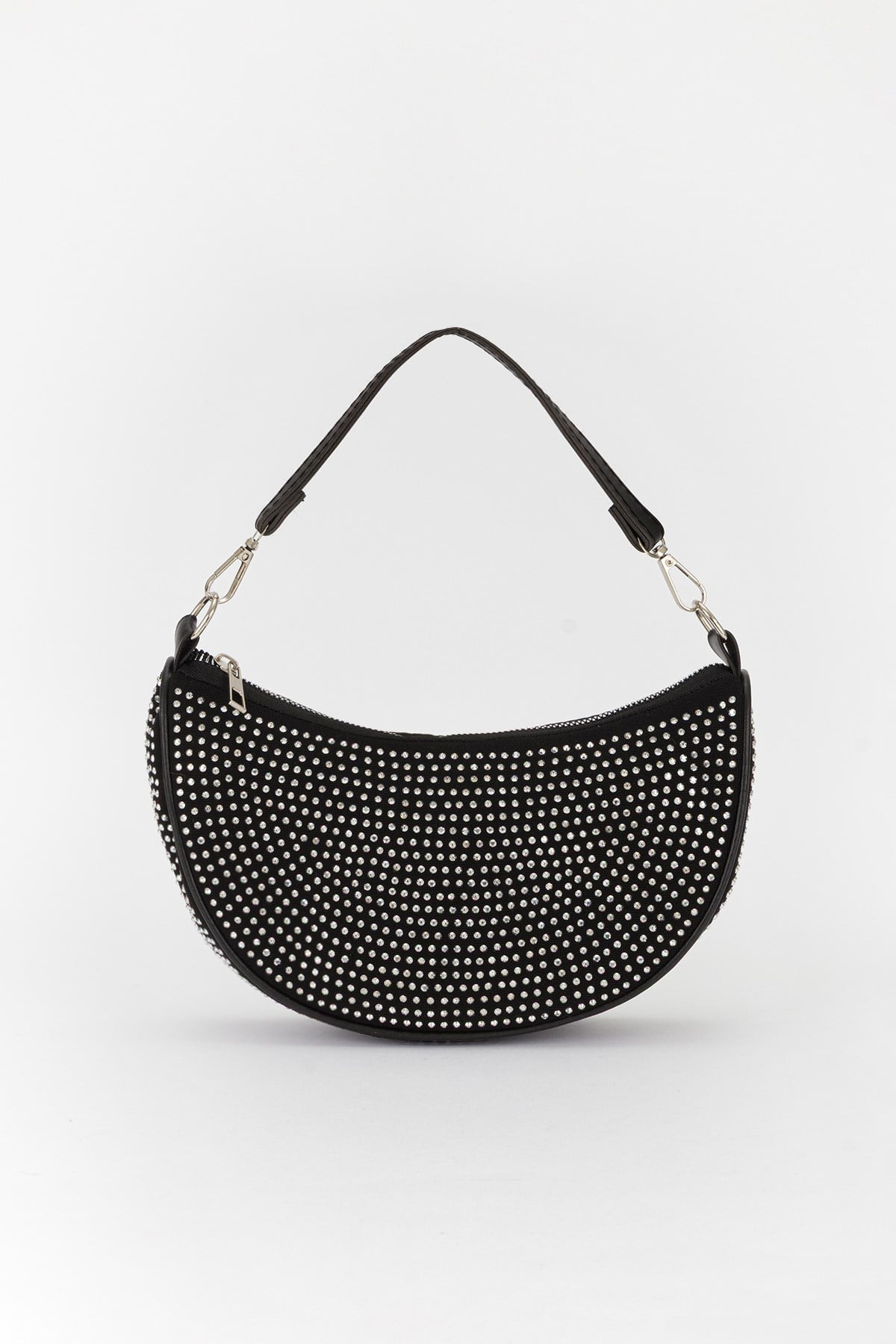 Oval Baget Taşlı Çanta Siyah