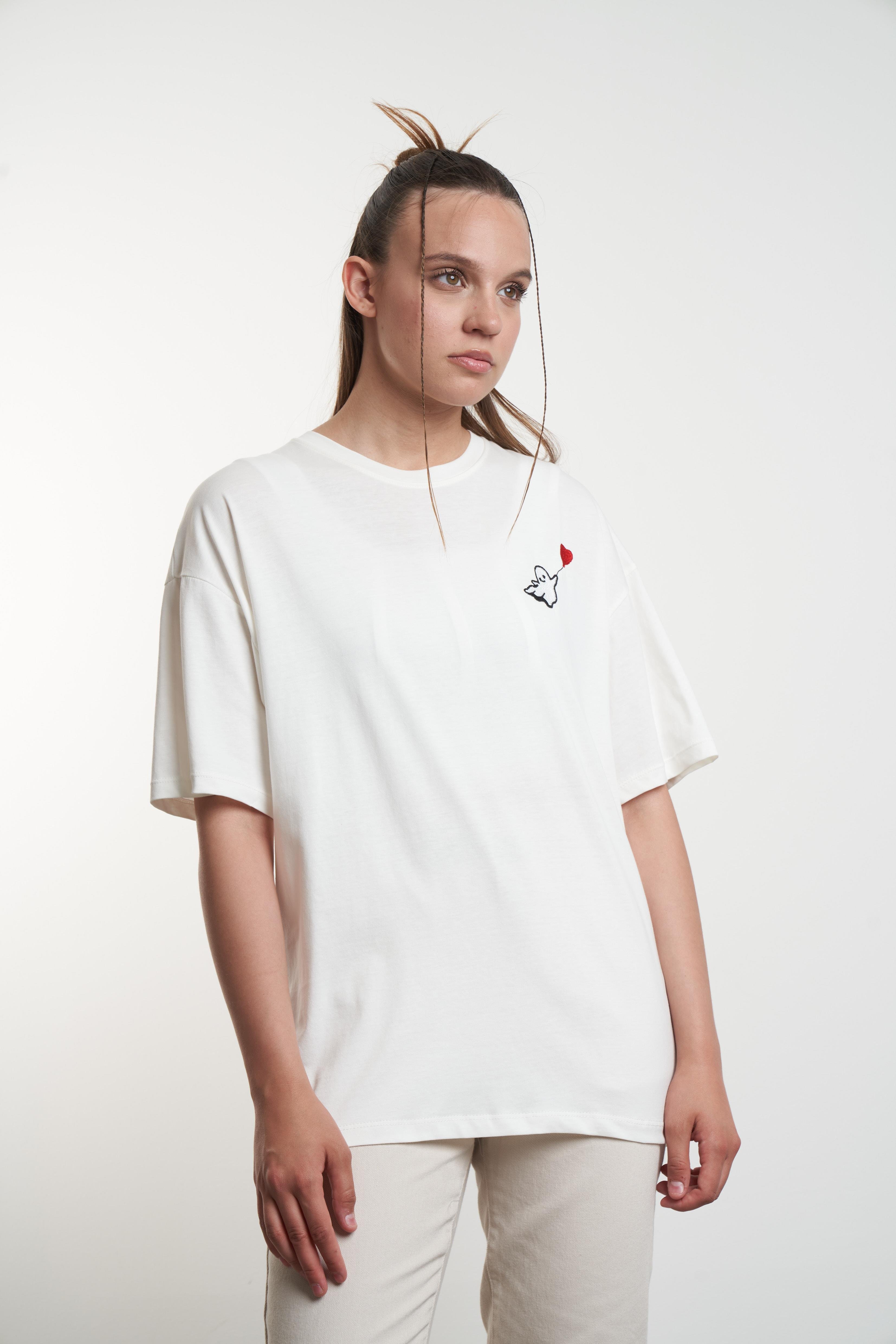 Oversize Hayalet Nakış Baskılı T-shirt Ekru