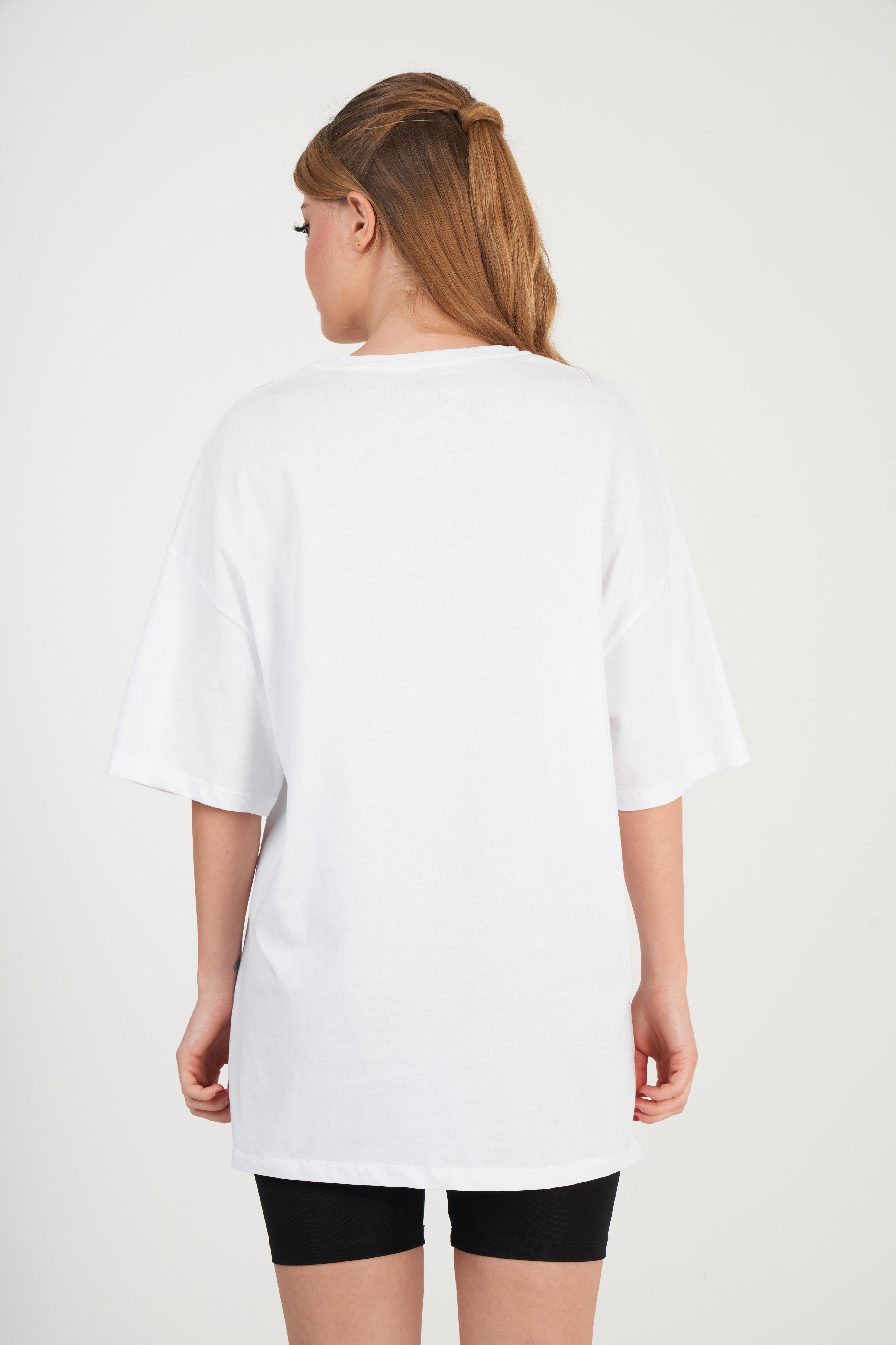 Oversize Nakış Baskılı T-shirt Beyaz