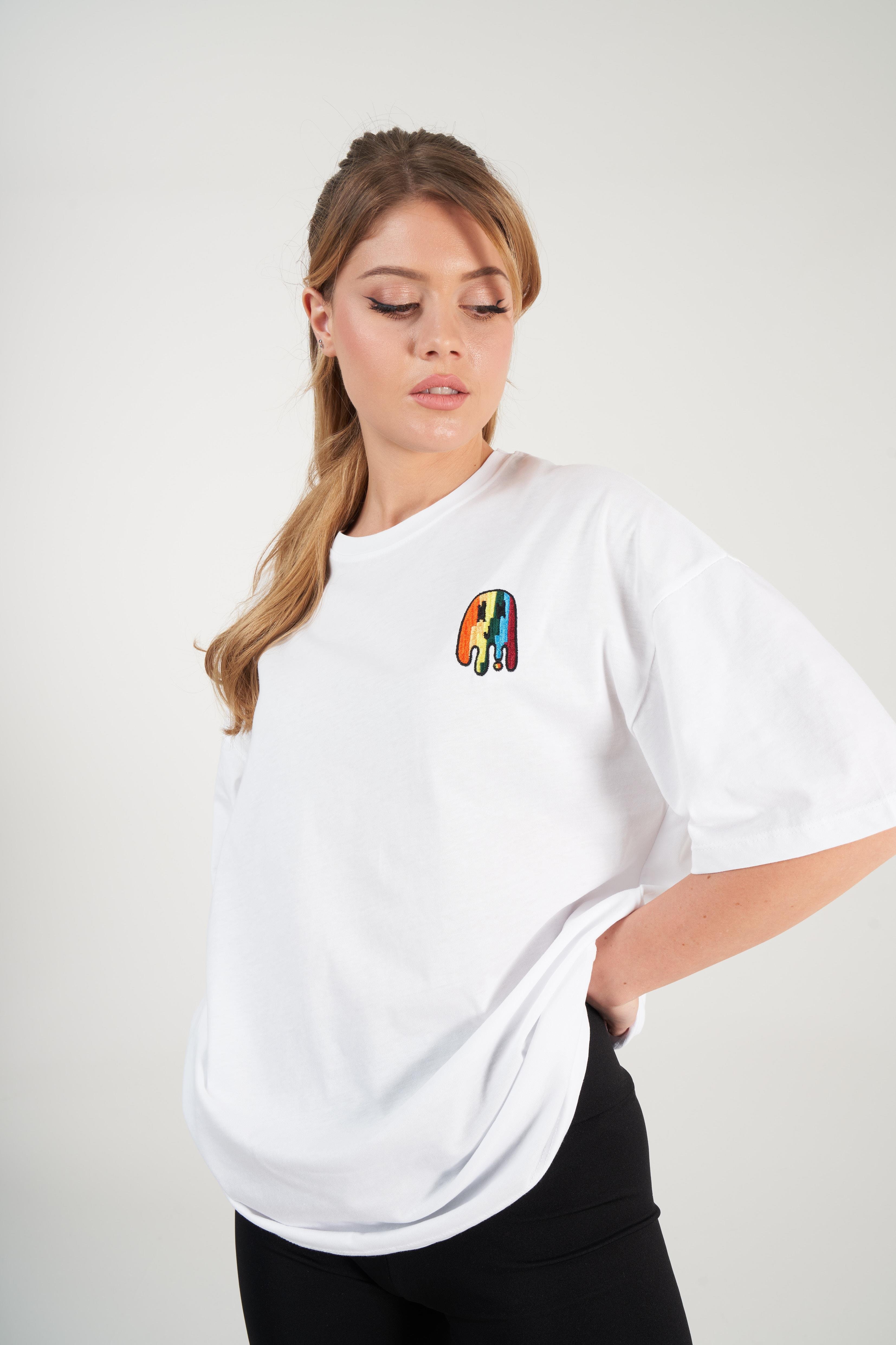 Oversize Nakış Baskılı T-shirt Beyaz