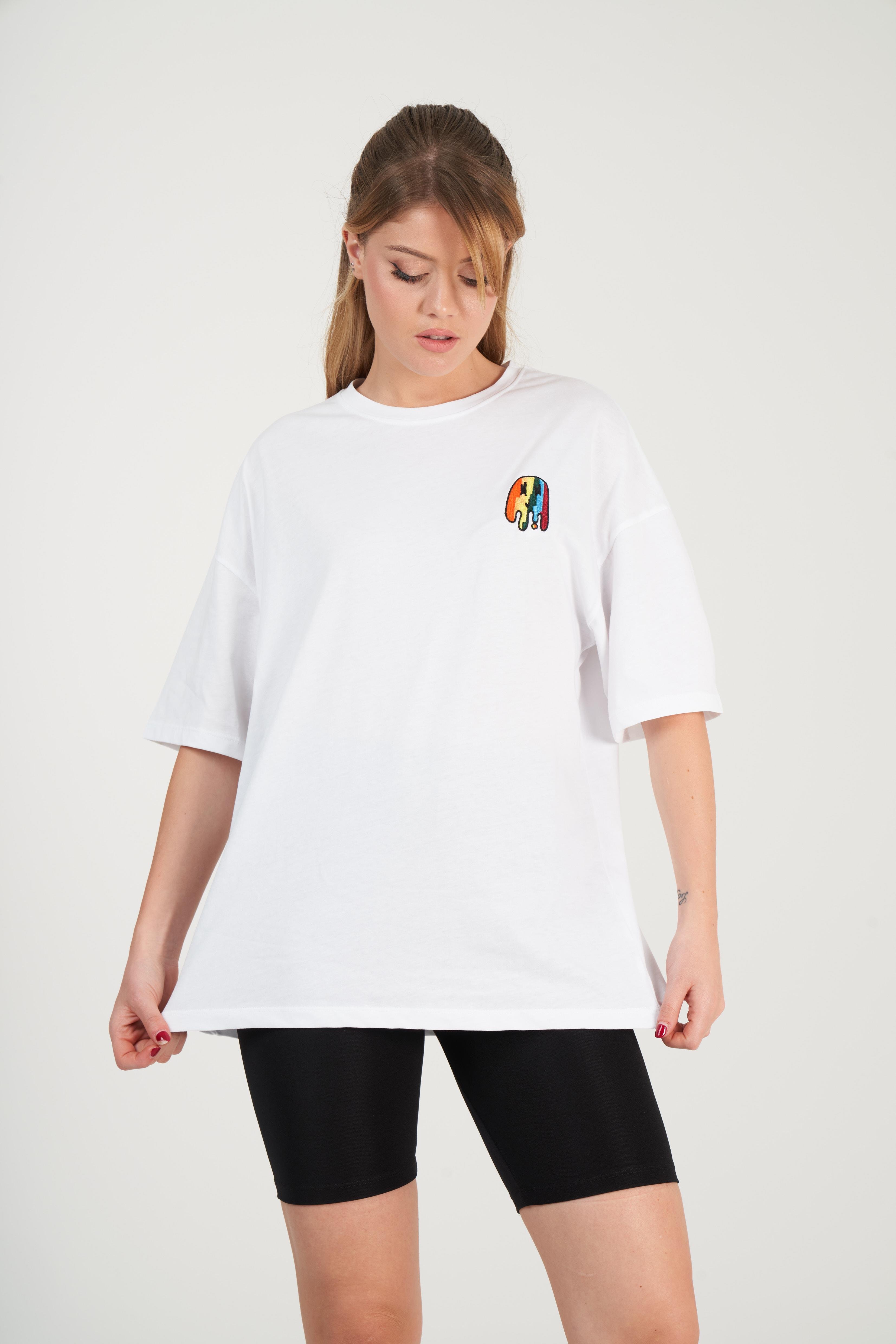 Oversize Nakış Baskılı T-shirt Beyaz