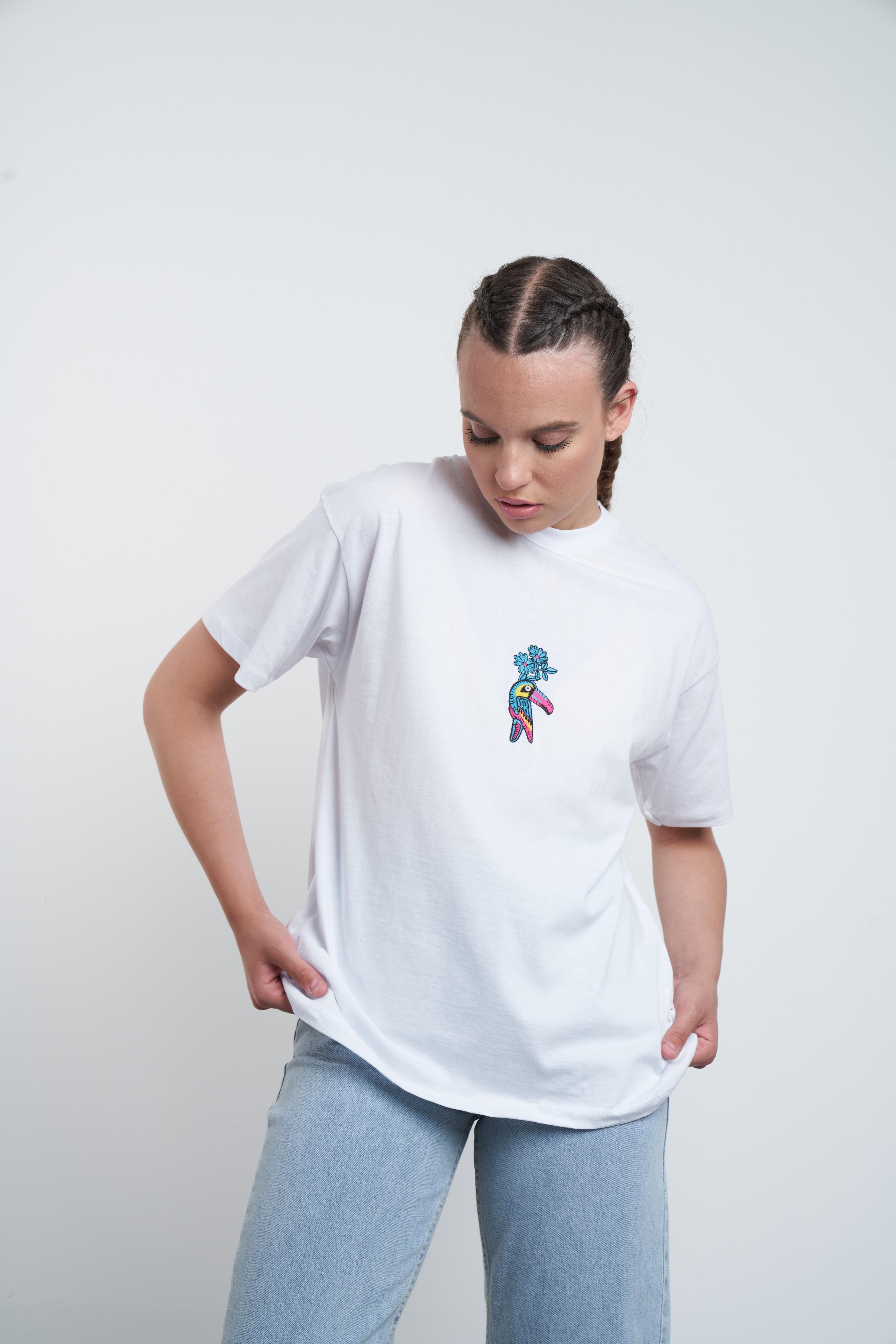 Papağan Nakış Baskılı T-shirt Beyaz