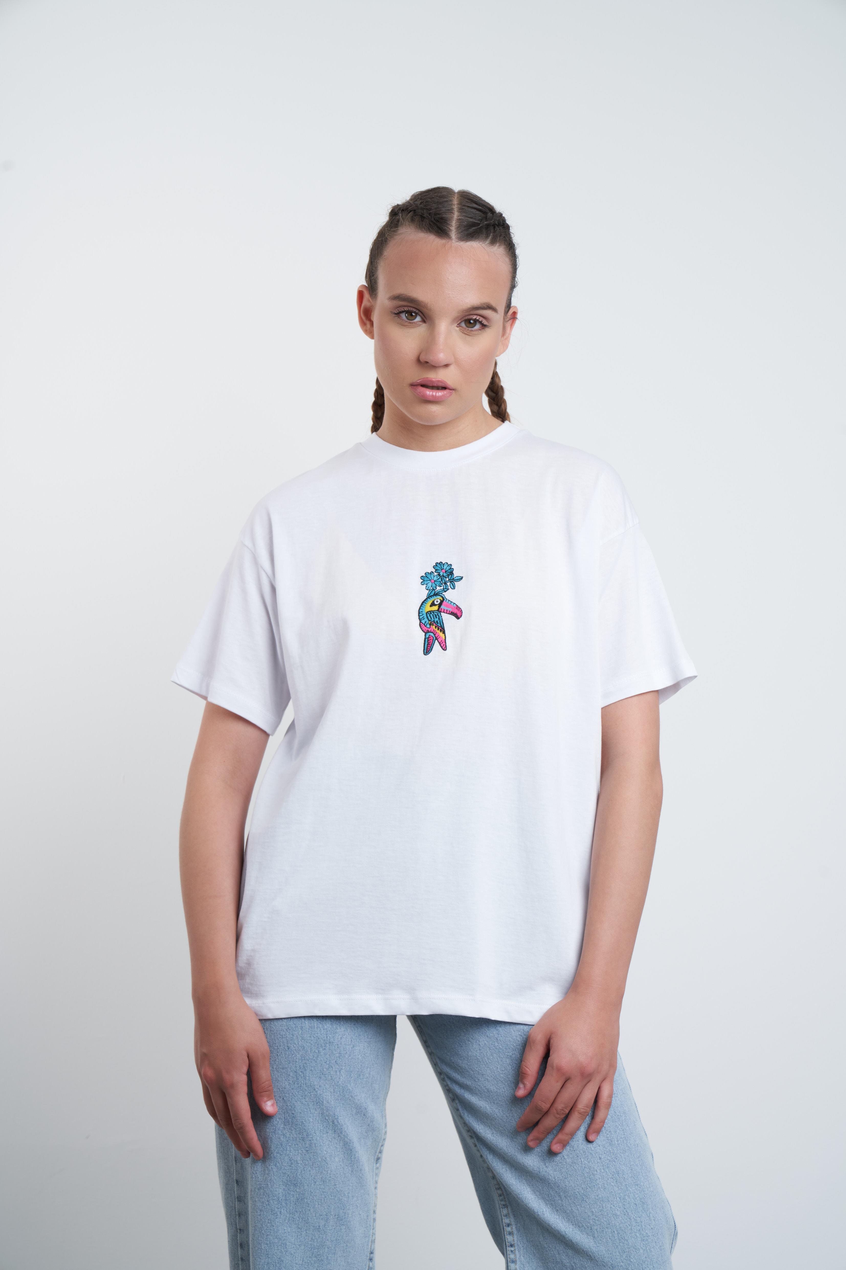Papağan Nakış Baskılı T-shirt Beyaz