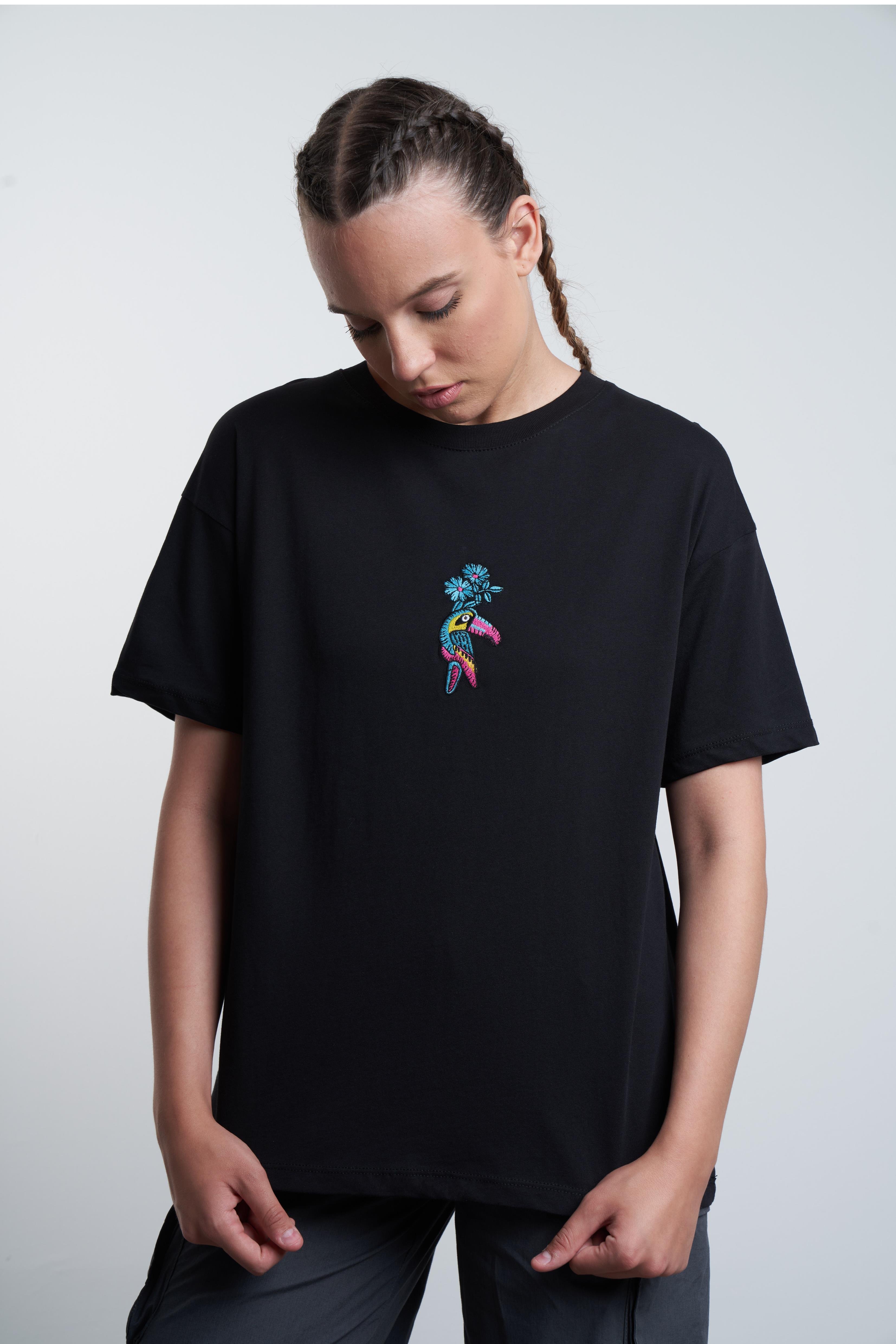 Papağan Nakış Baskılı T-shirt Siyah