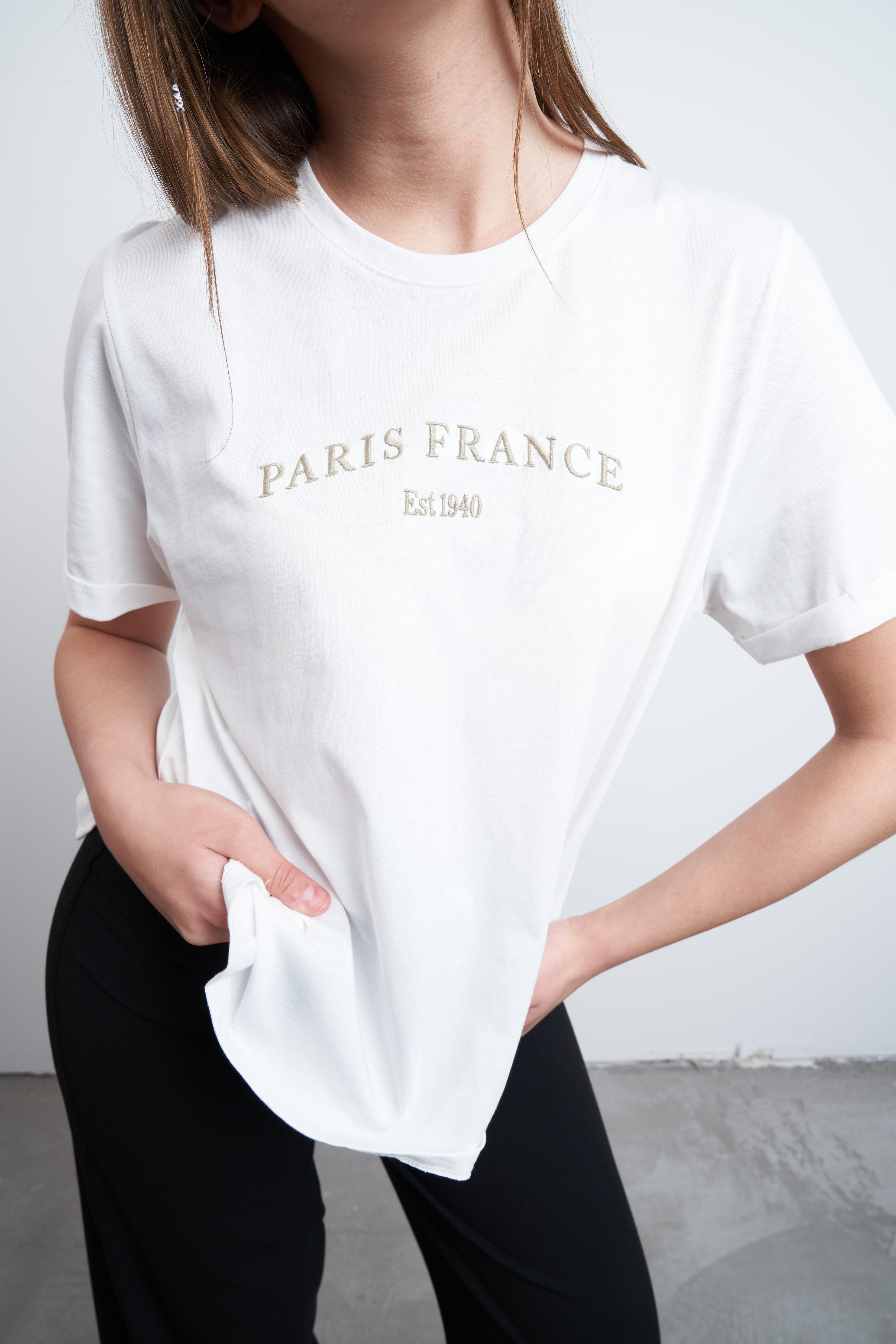 Paris France Nakış Baskılı T-shirt Ekru