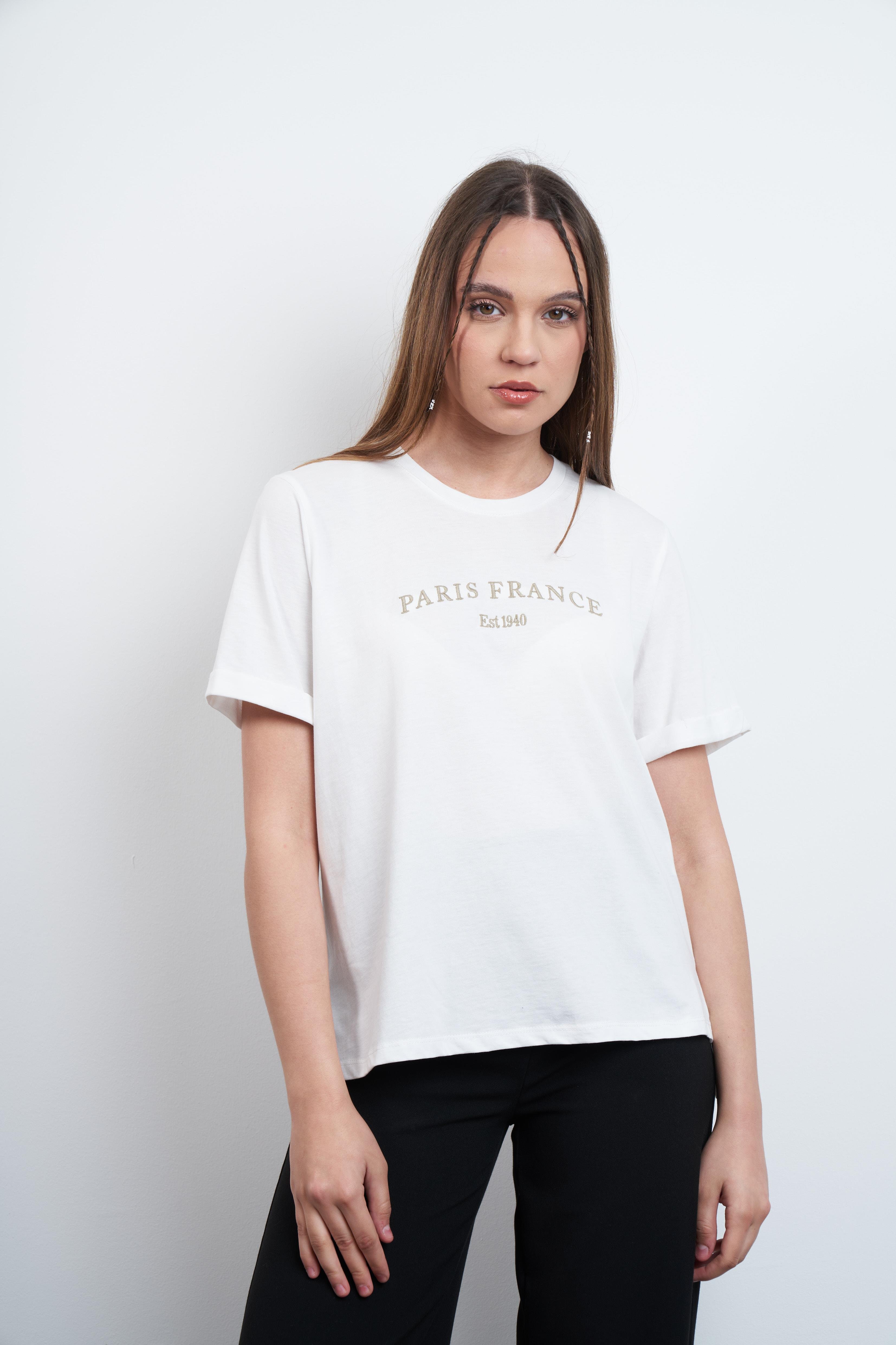 Paris France Nakış Baskılı T-shirt Ekru