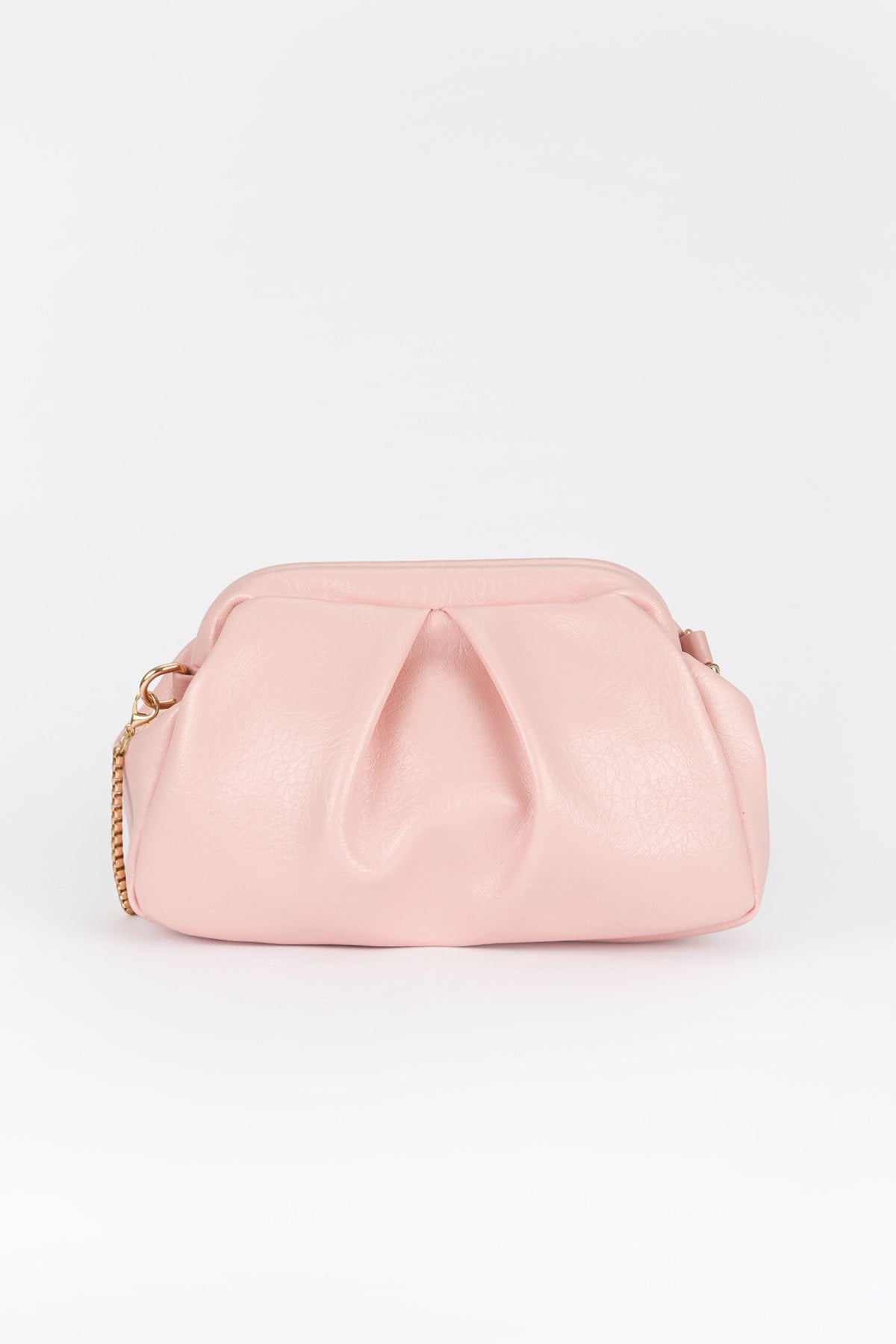 Pile Detaylı Zincir Askılı Clutch Çanta Toz Pembe
