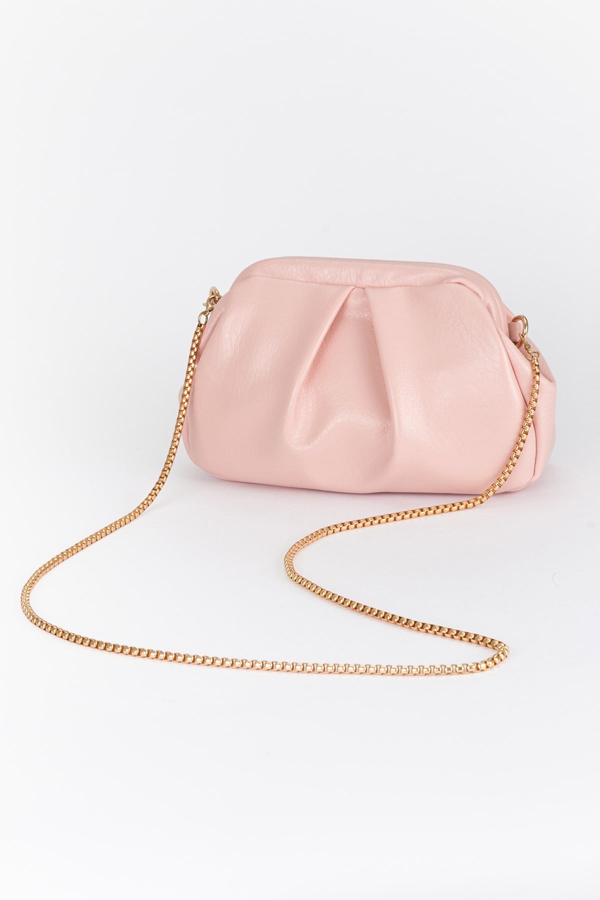 Pile Detaylı Zincir Askılı Clutch Çanta Toz Pembe