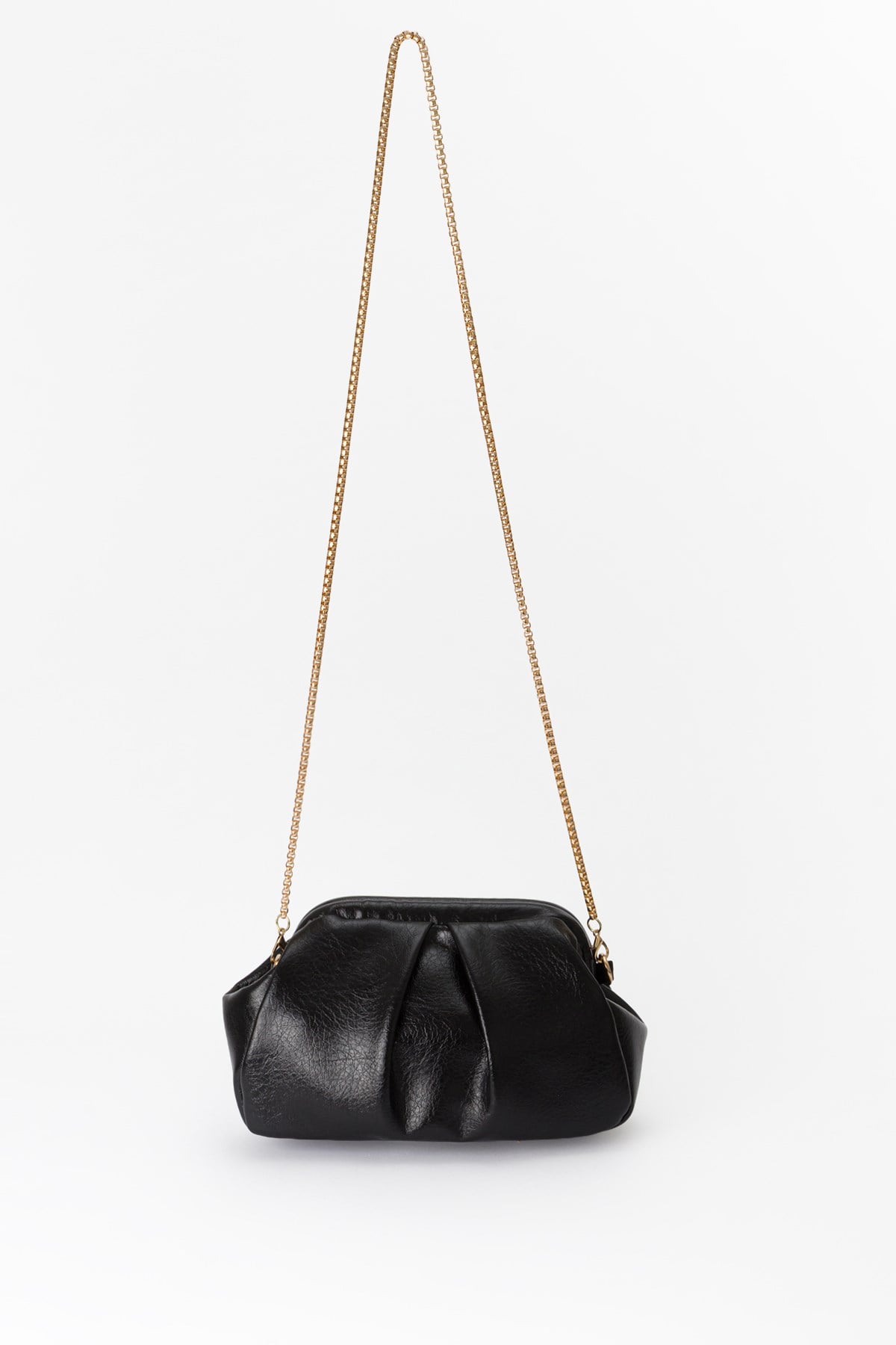 Pile Detaylı Zincir Askılı Clutch Çanta Siyah