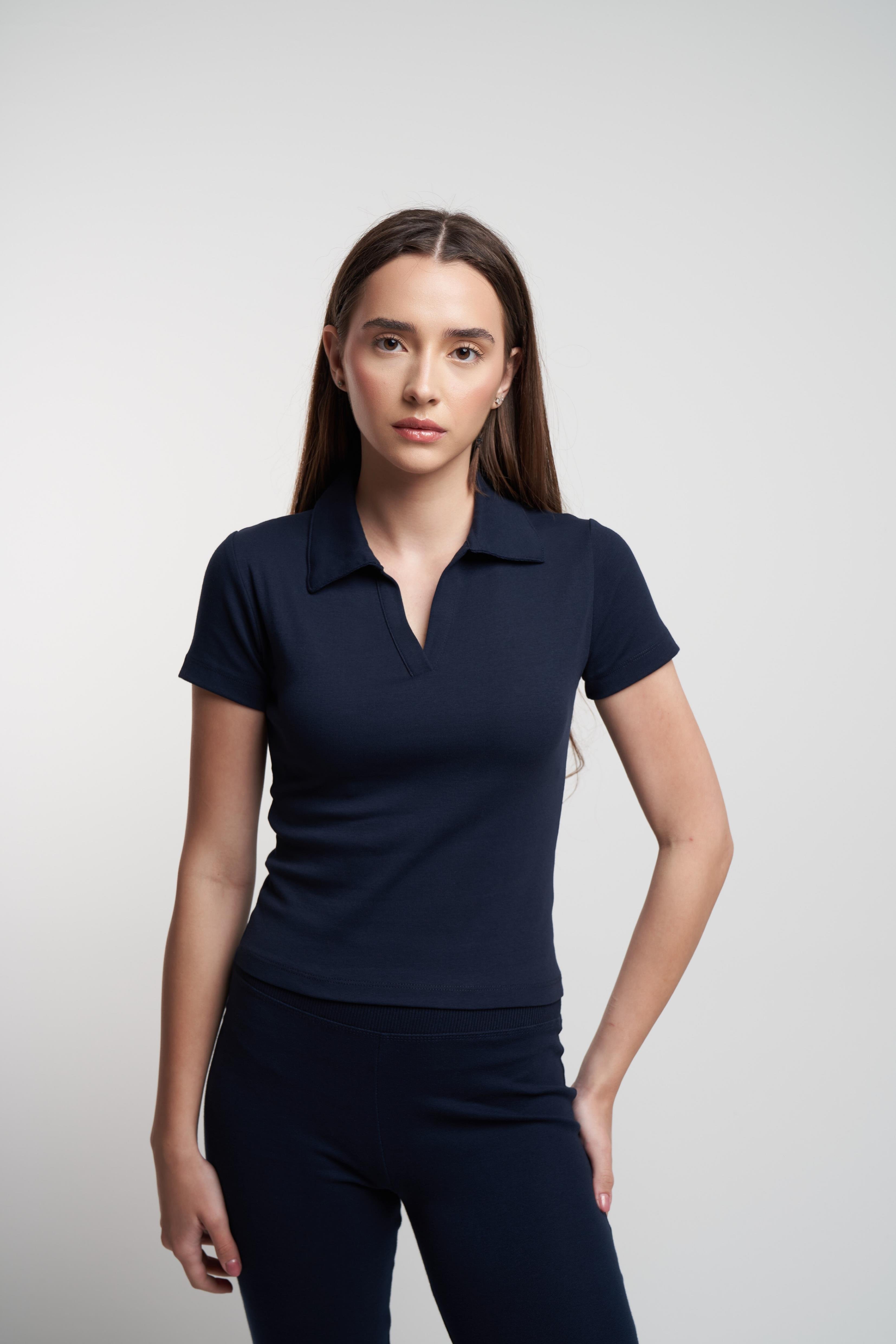 Polo Yaka Kısa Kol Bluz Lacivert