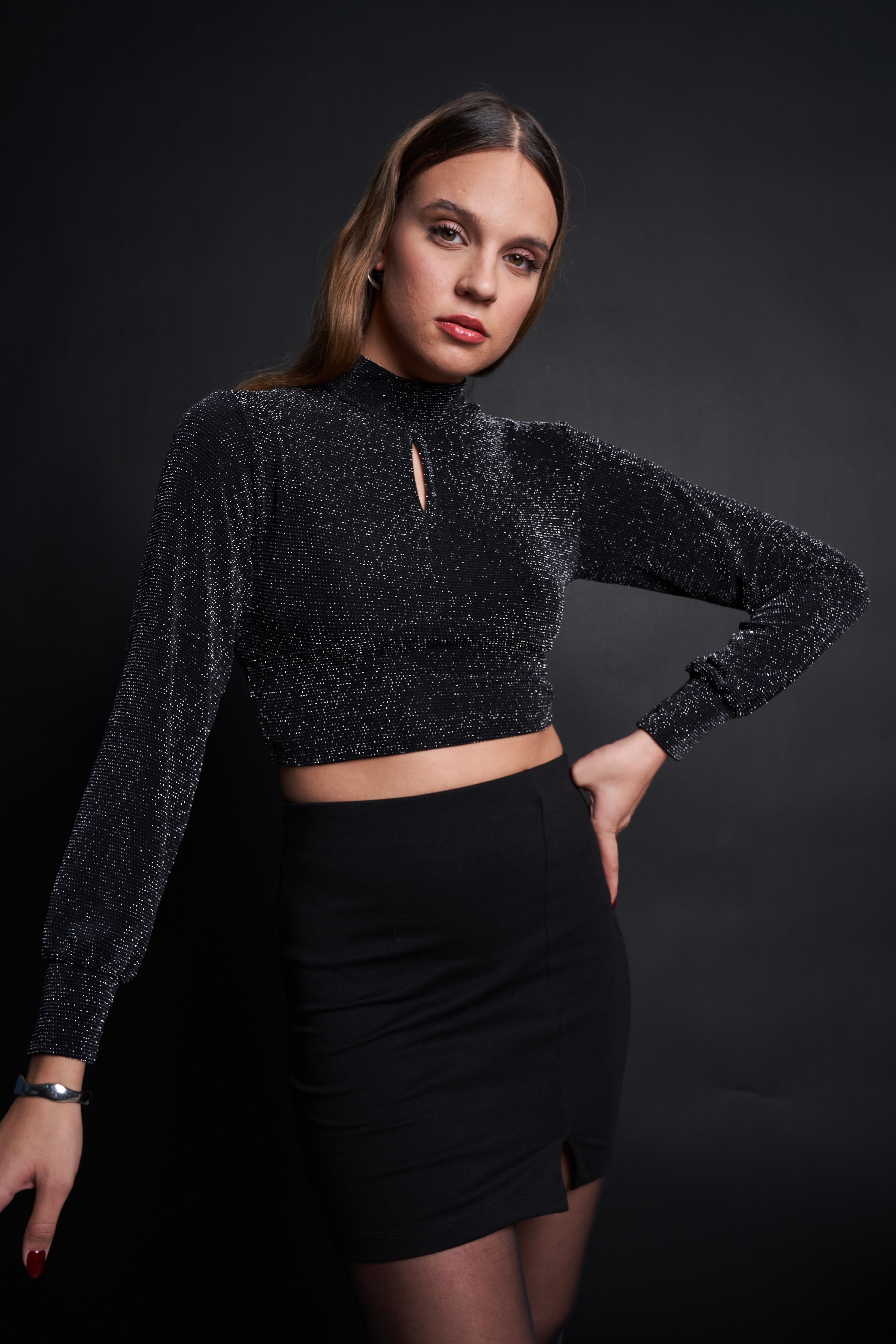 Simli Kısa Crop Bluz Siyah