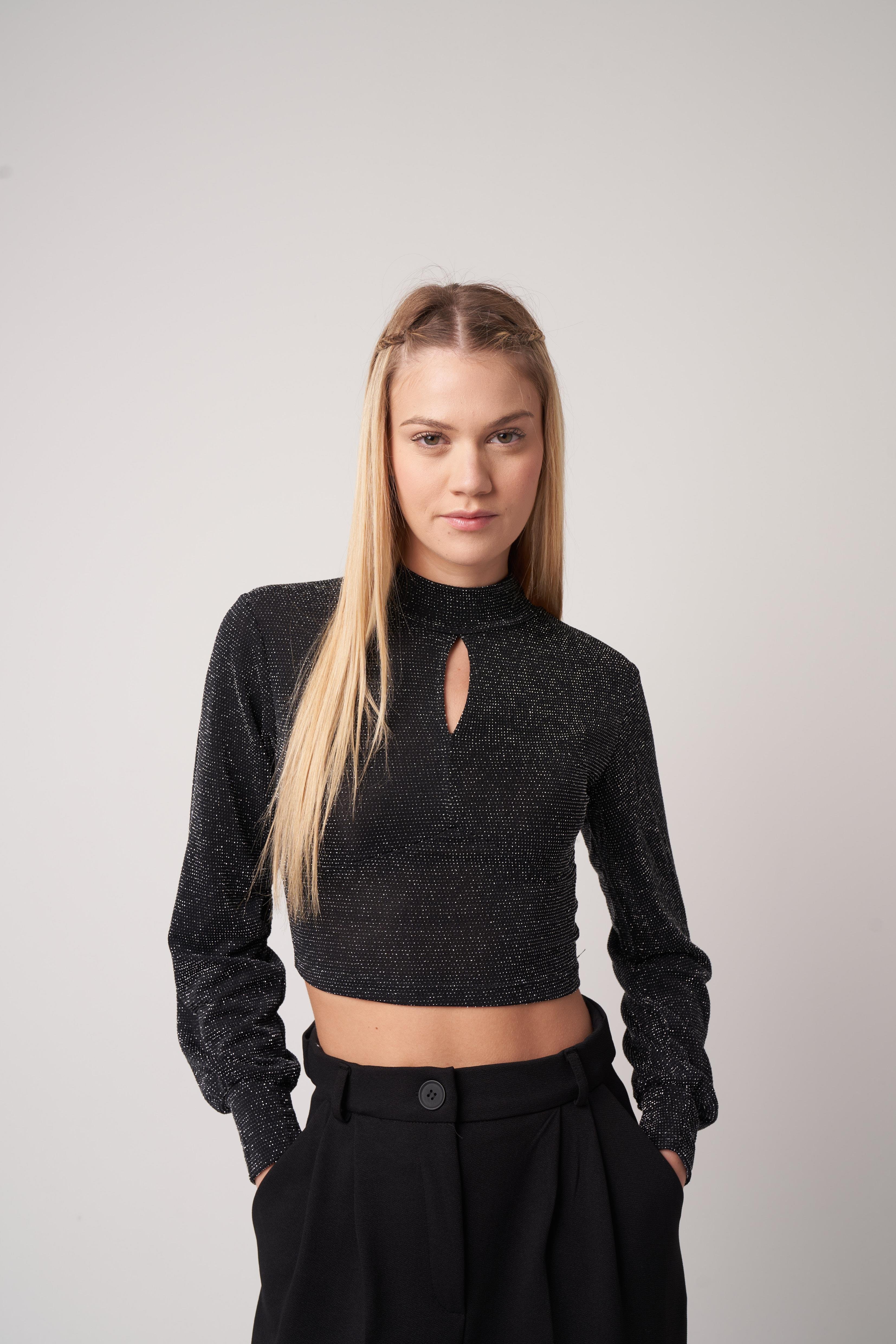 Simli Kısa Crop Bluz Siyah