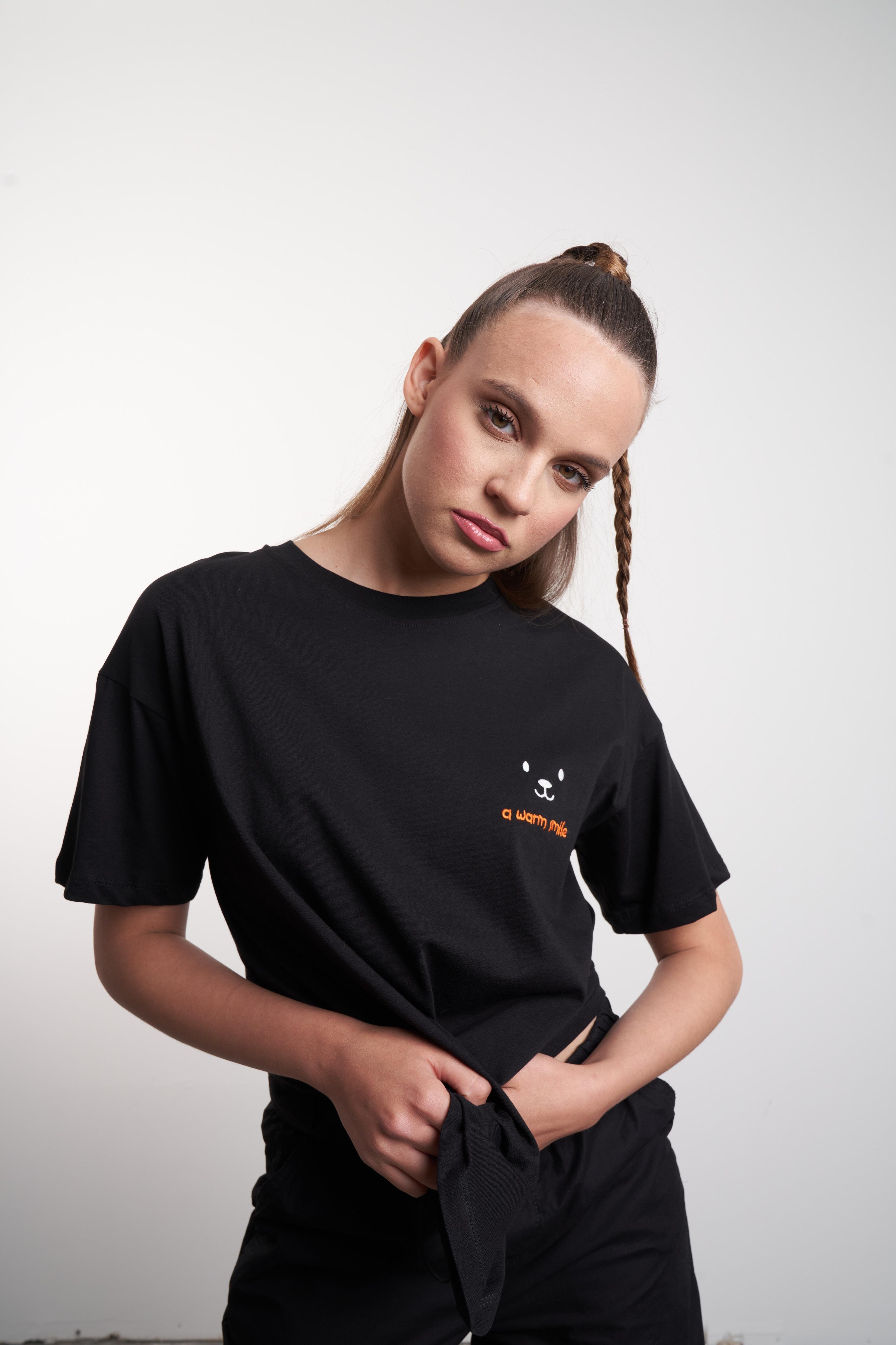 Smile Nakış Baskılı T-shirt Siyah