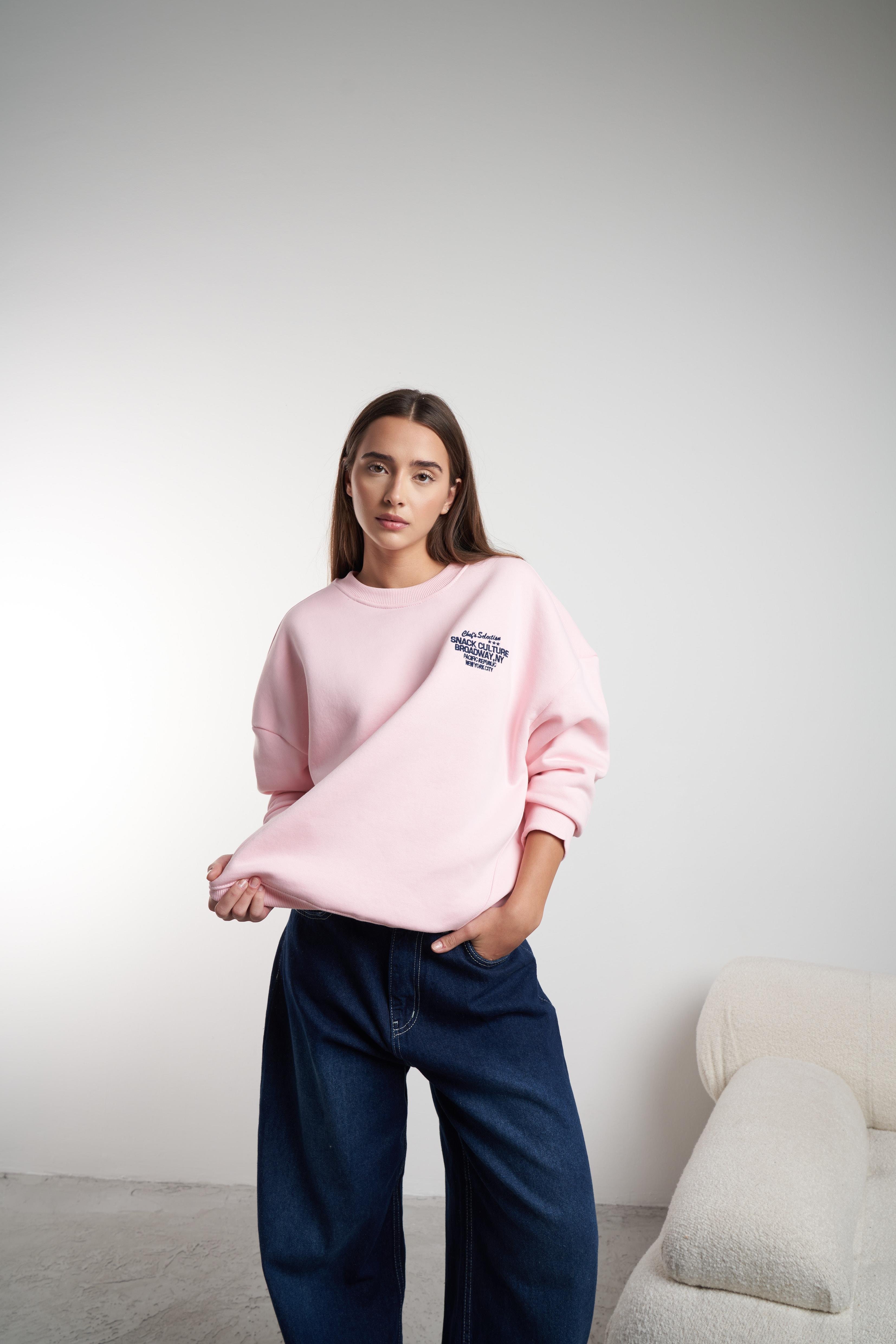 Snack Culture Nakış İşleme Şardonlu Sweatshirt Toz Pembe