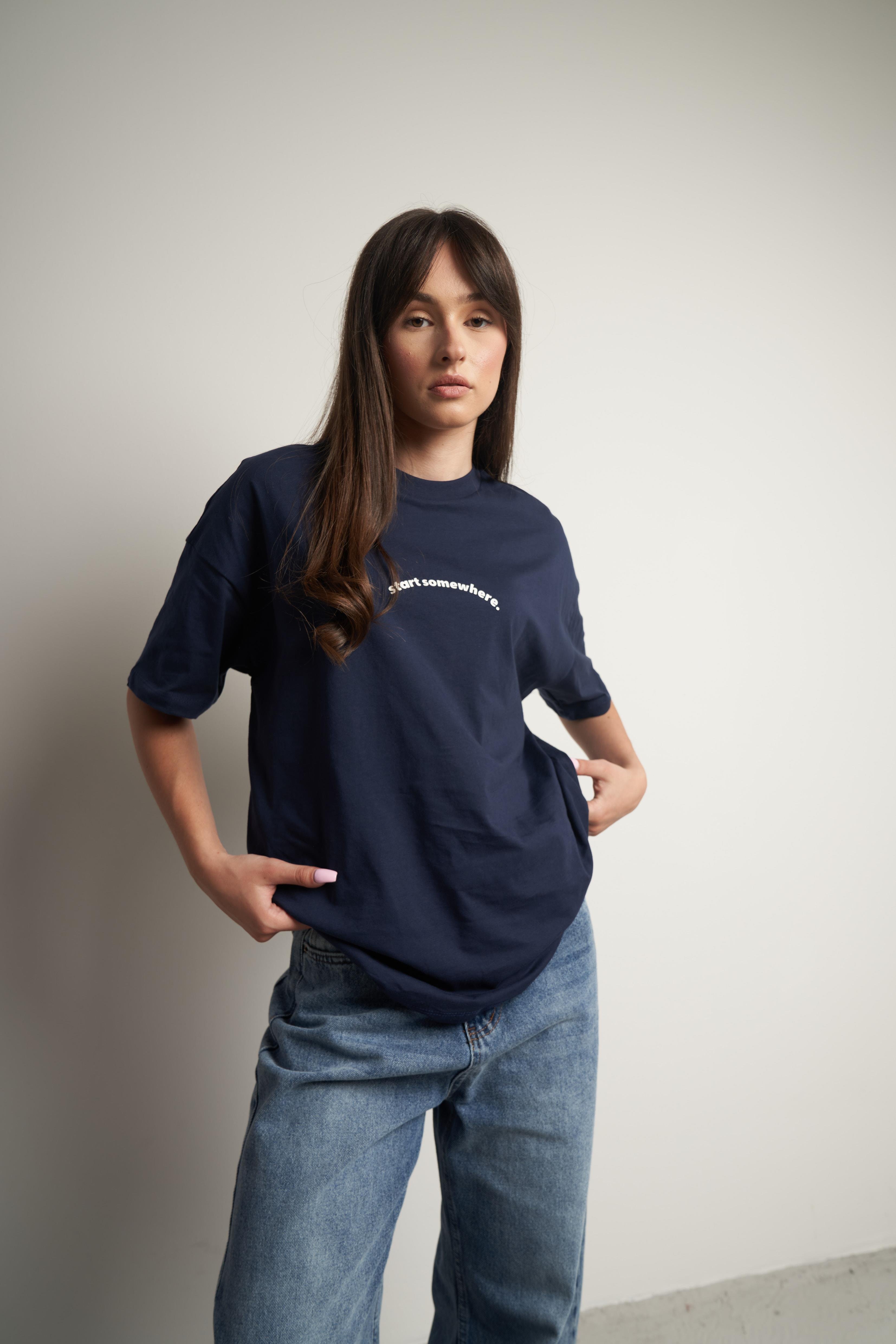 Somewhere Baskılı Oversize Kısa Kol T-shirt Lacivert