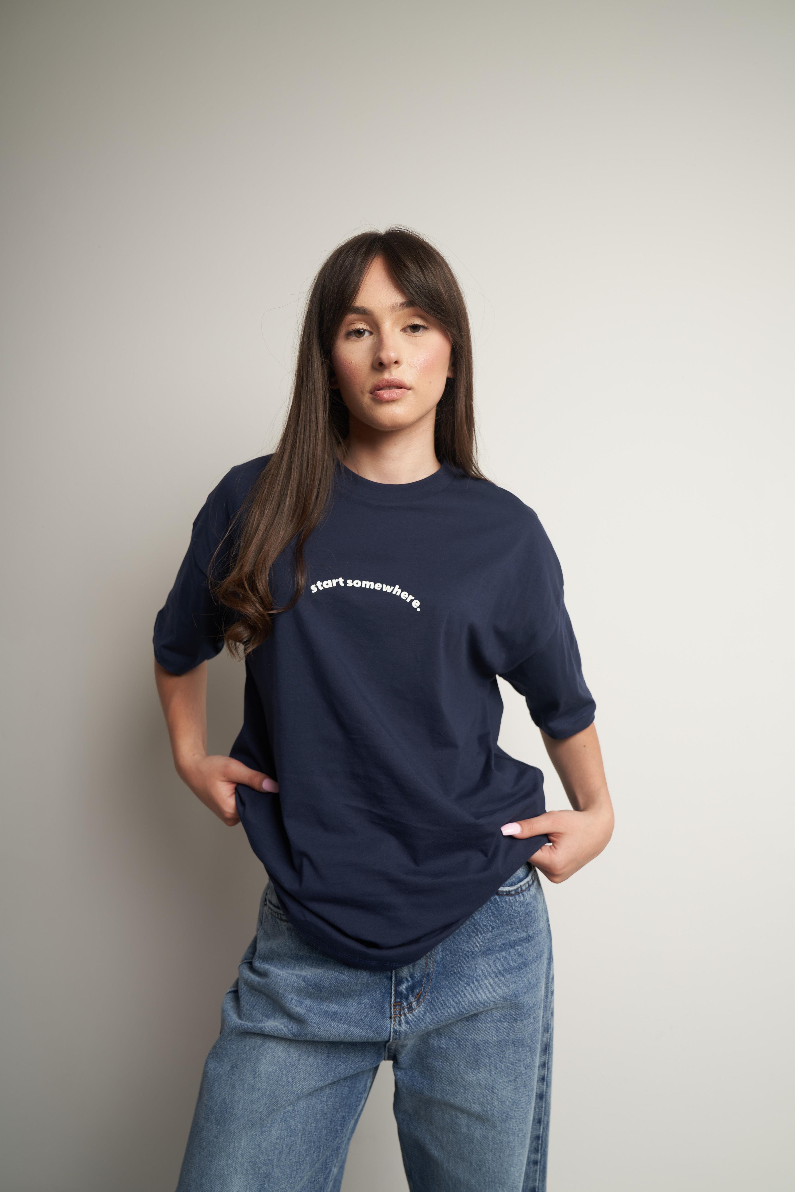 Somewhere Baskılı Oversize Kısa Kol T-shirt Lacivert