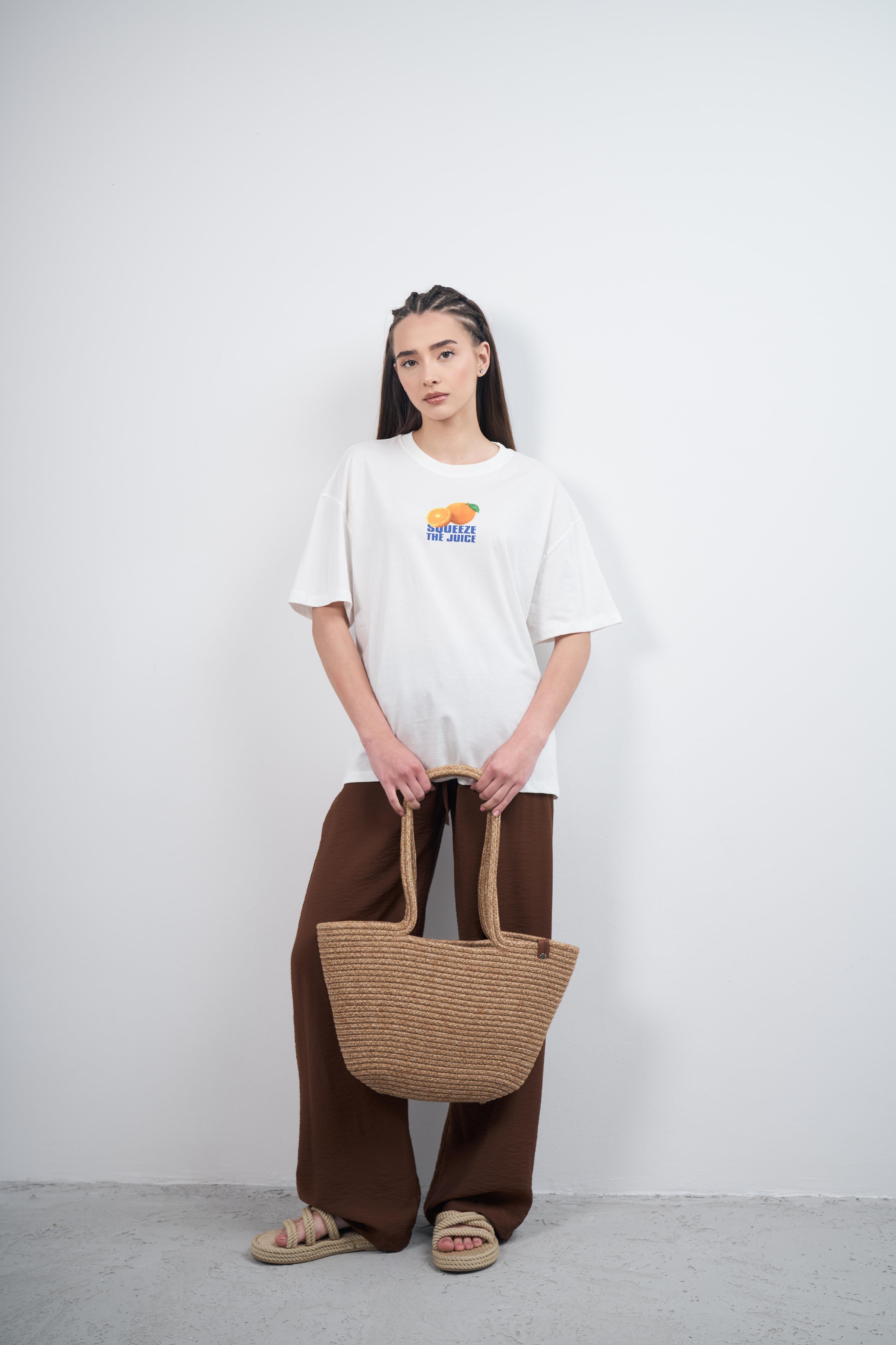 Squeeze The Juice Baskılı Kısa Kol T-shirt Ekru