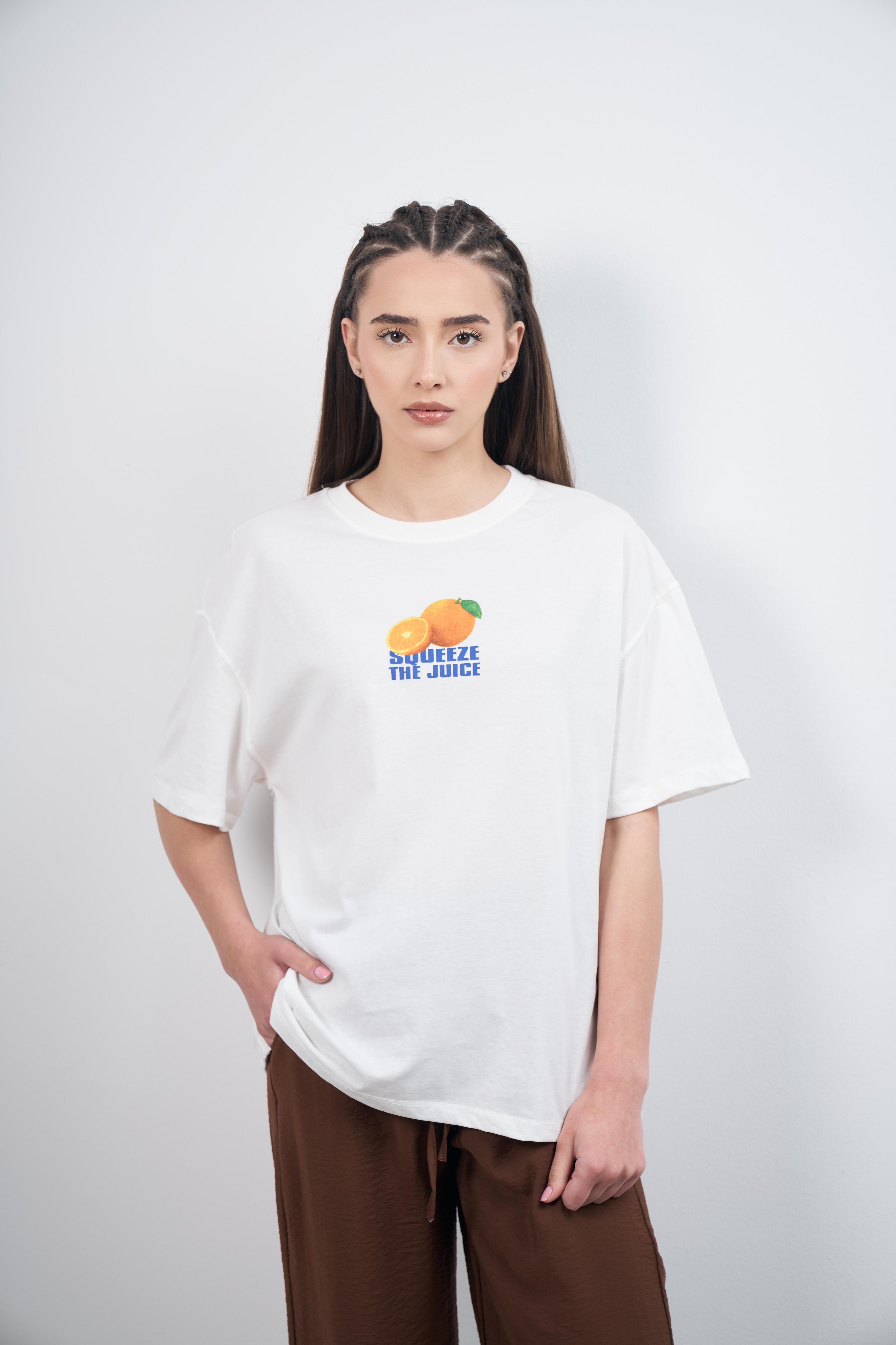 Squeeze The Juice Baskılı Kısa Kol T-shirt Ekru