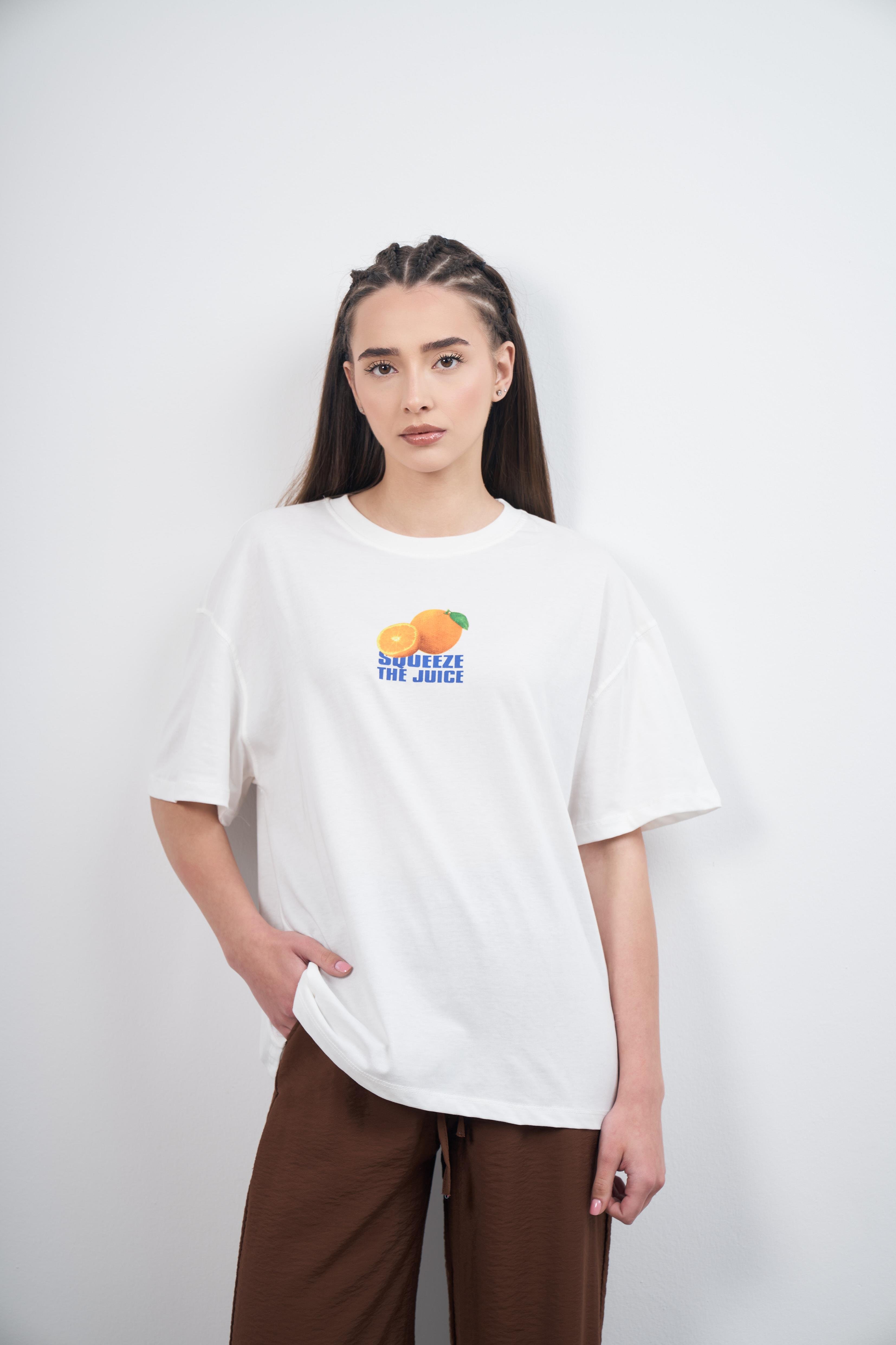 Squeeze The Juice Baskılı Kısa Kol T-shirt Ekru