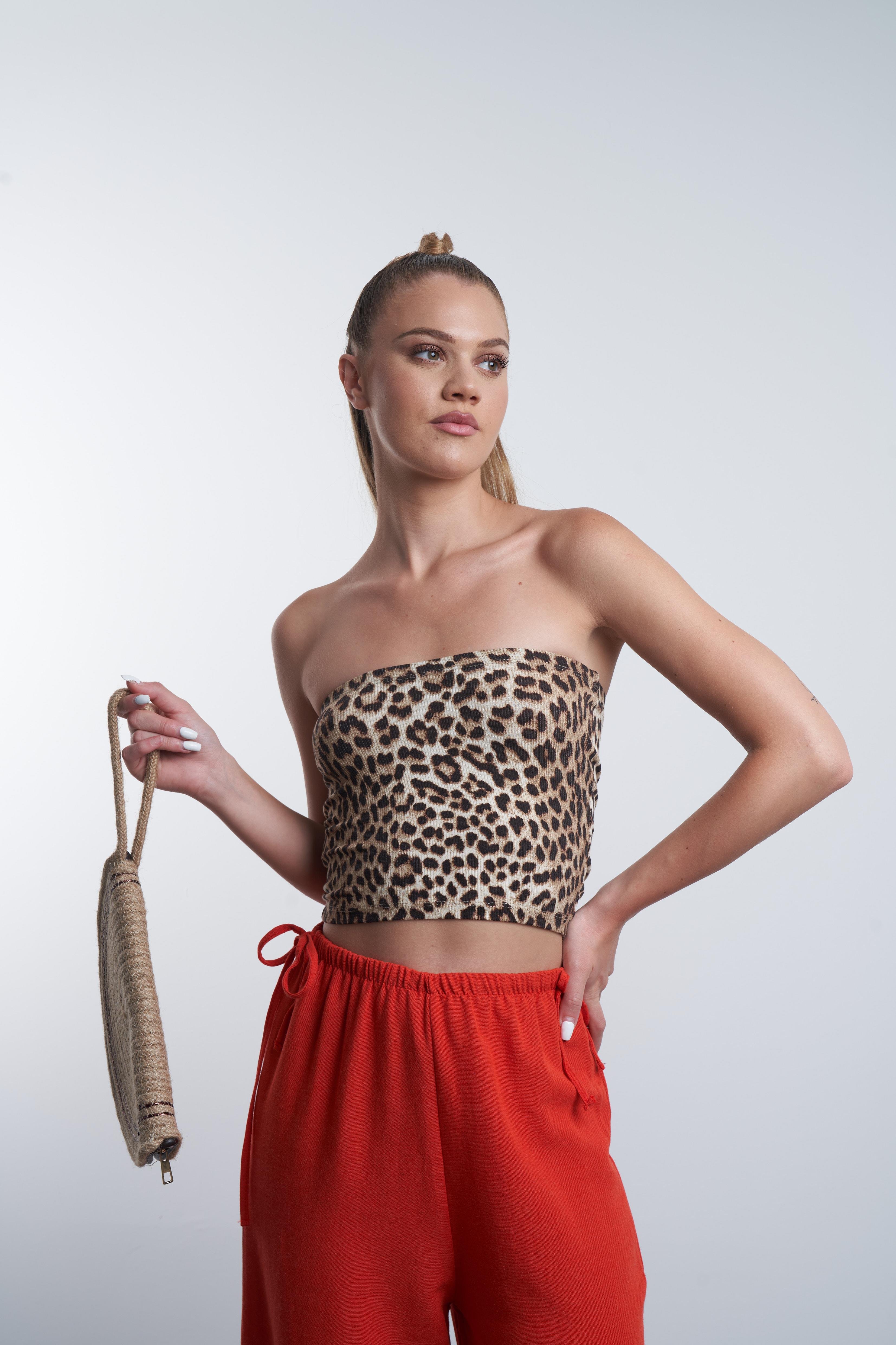 Straplez Bluz Leopar