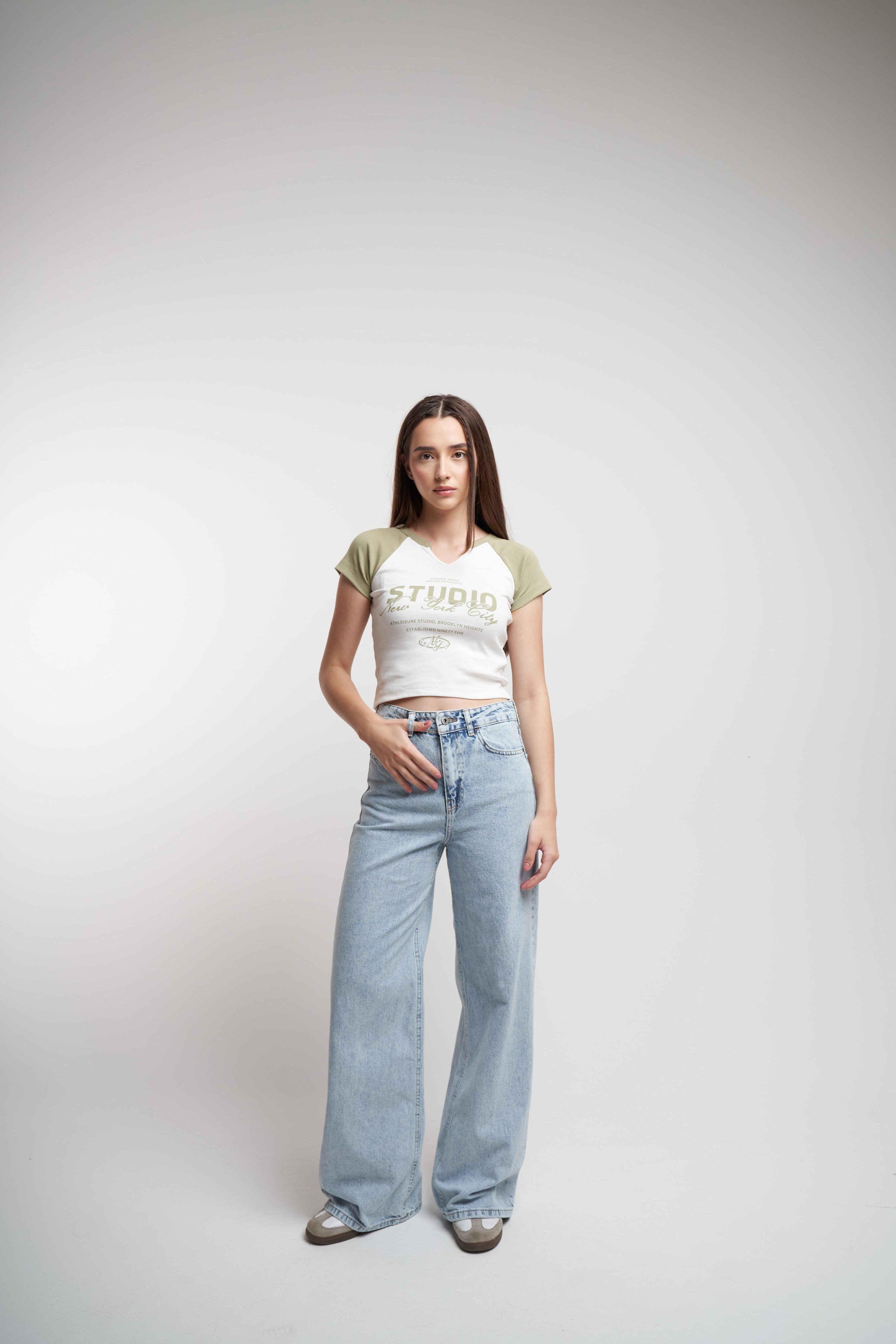 Studio Baskılı Ribana Kısa Kol Bluz Haki-Ekru