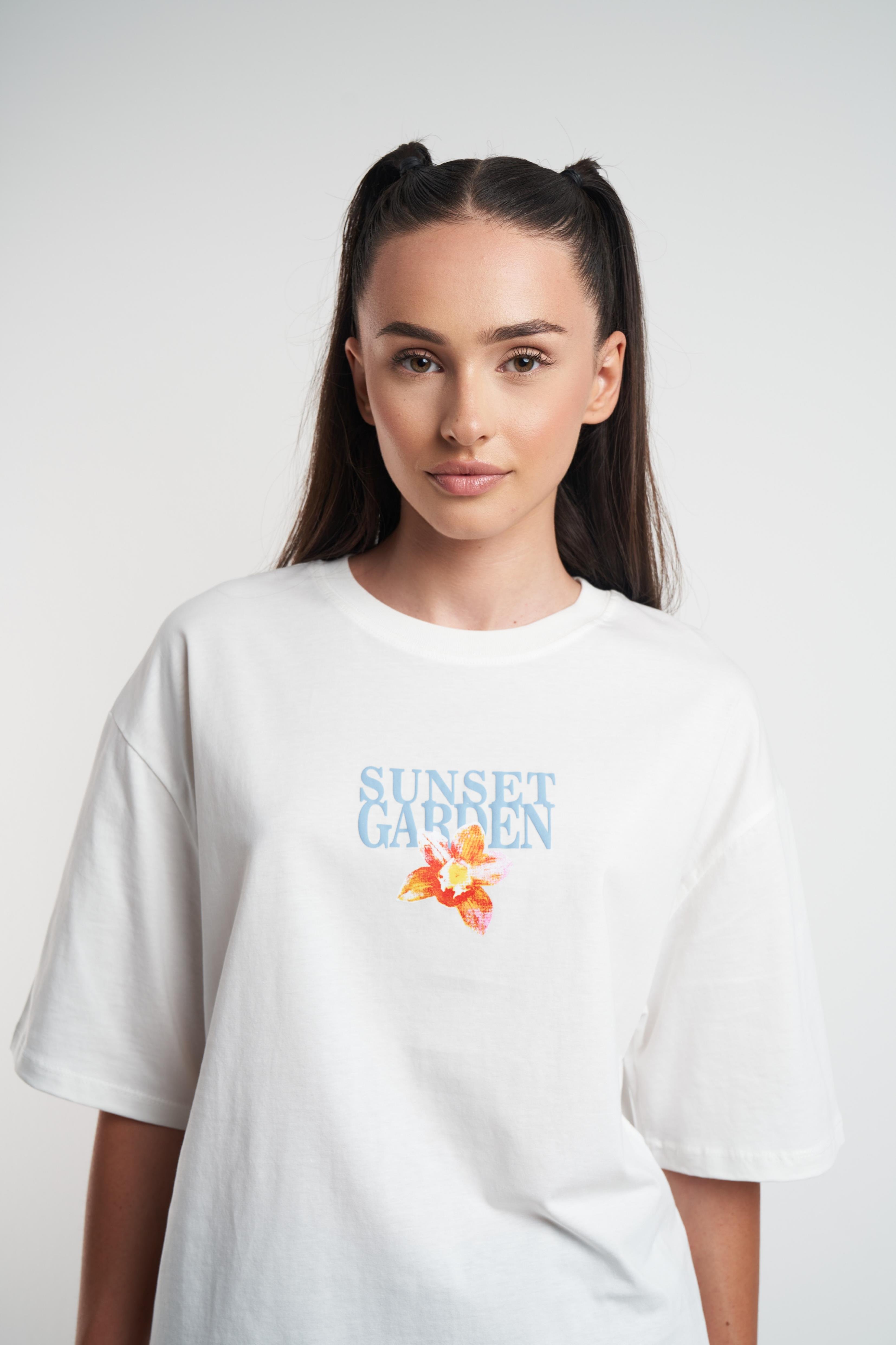Sunset Garden Baskılı Oversize Kısa Kol T-shirt Ekru