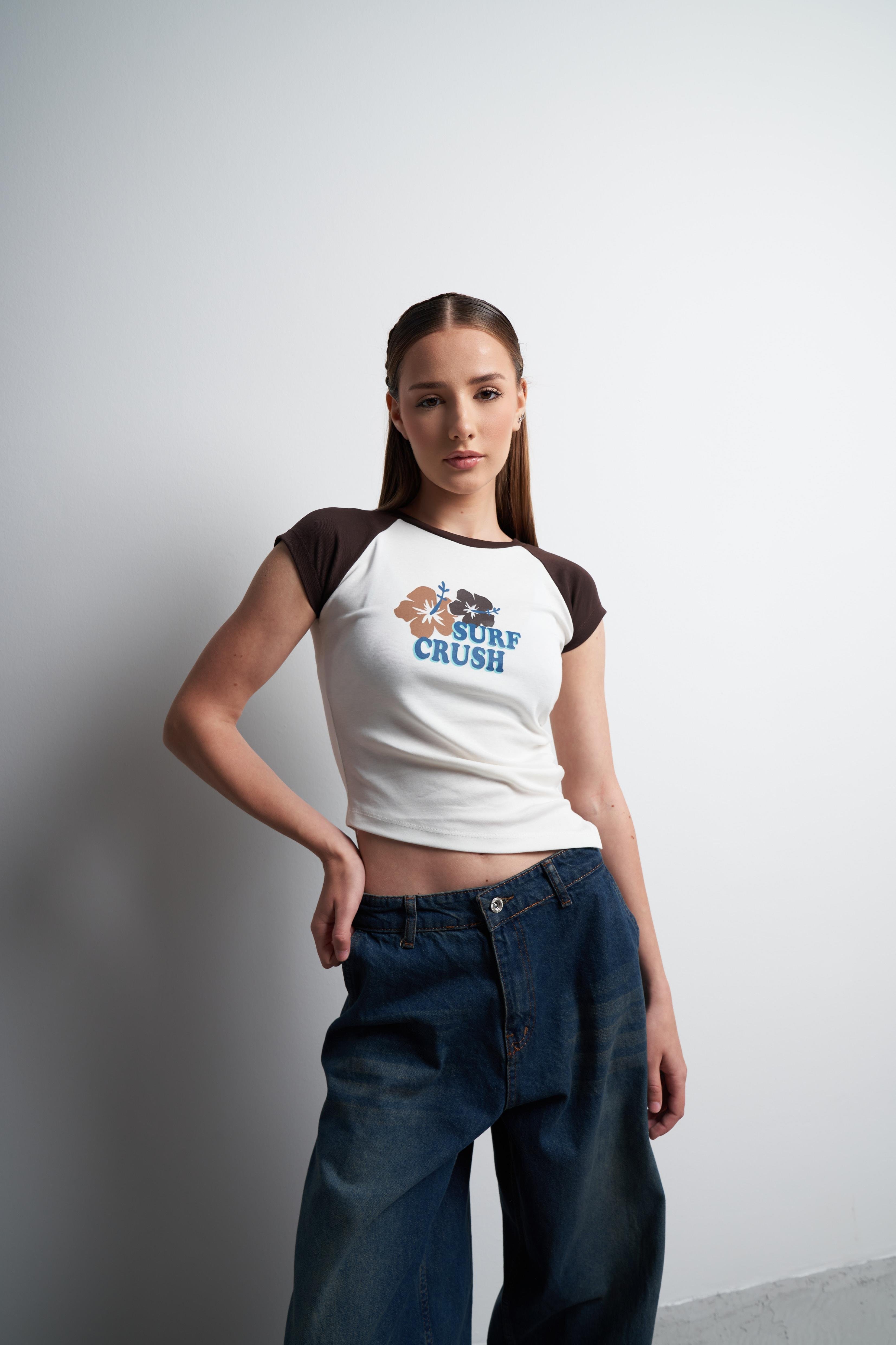 Surf Crush Baskılı Bluz Ekru-Kahve