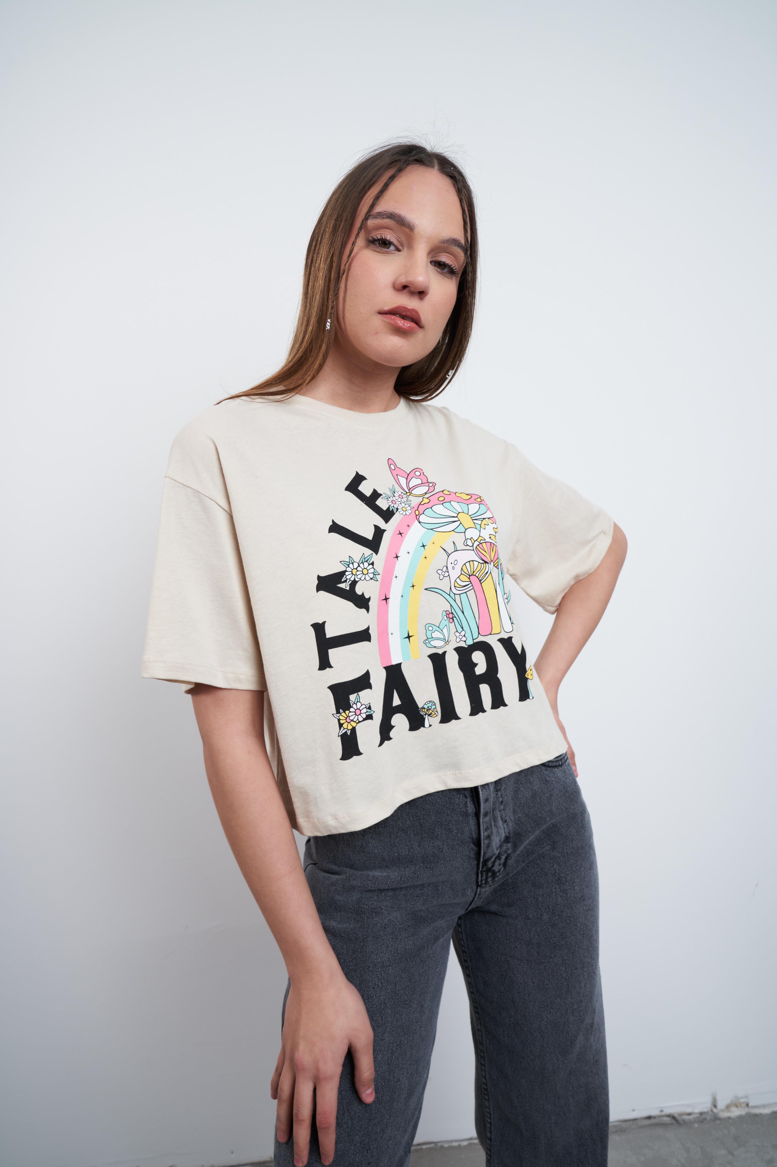 Tale Fairy Baskılı Kısa T-shirt Taş