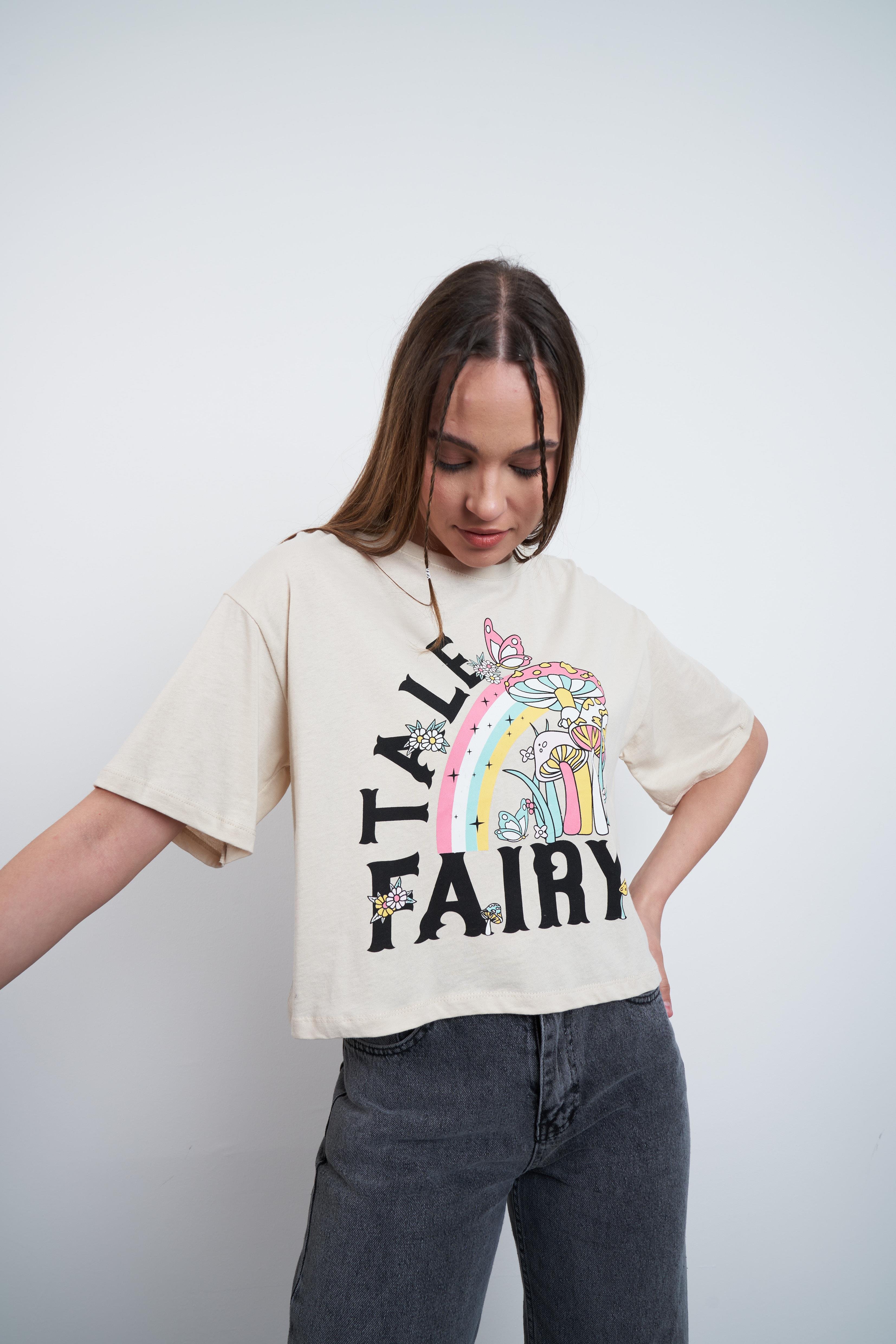 Tale Fairy Baskılı Kısa T-shirt Taş