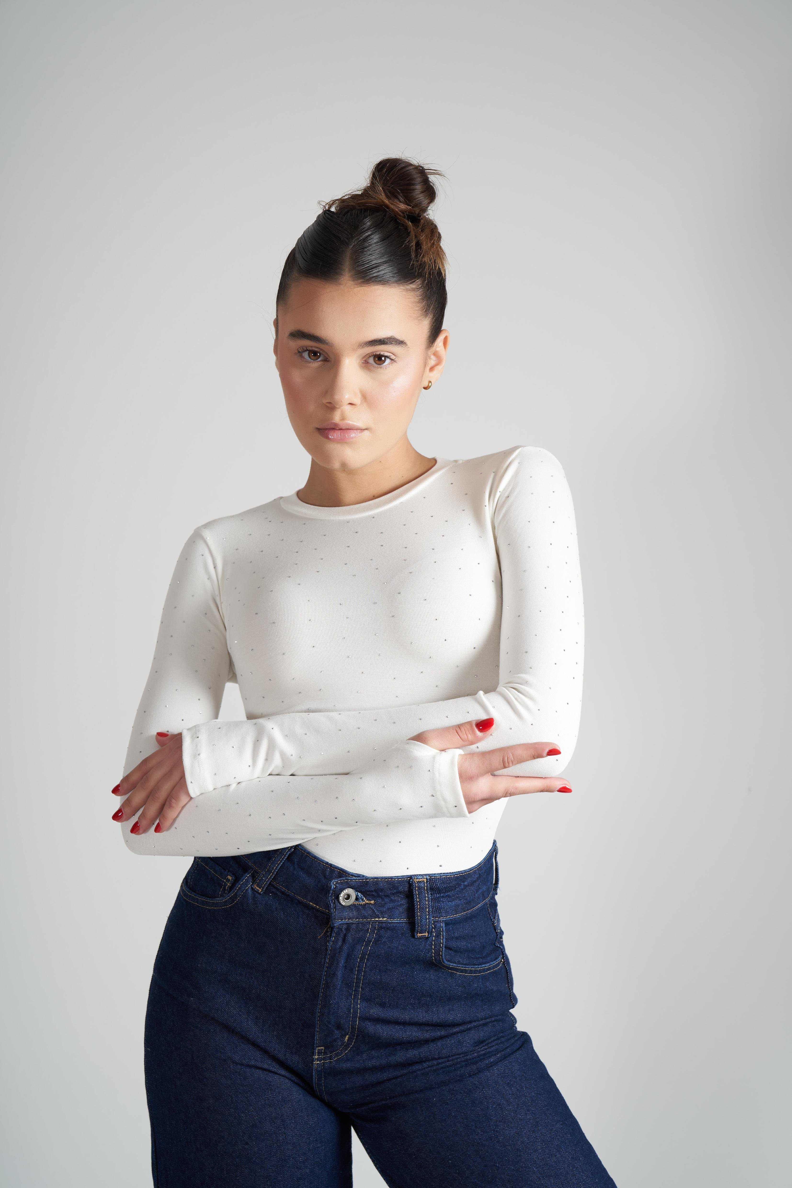 Taş Detaylı Uzun Kol Ribana Bluz Ekru