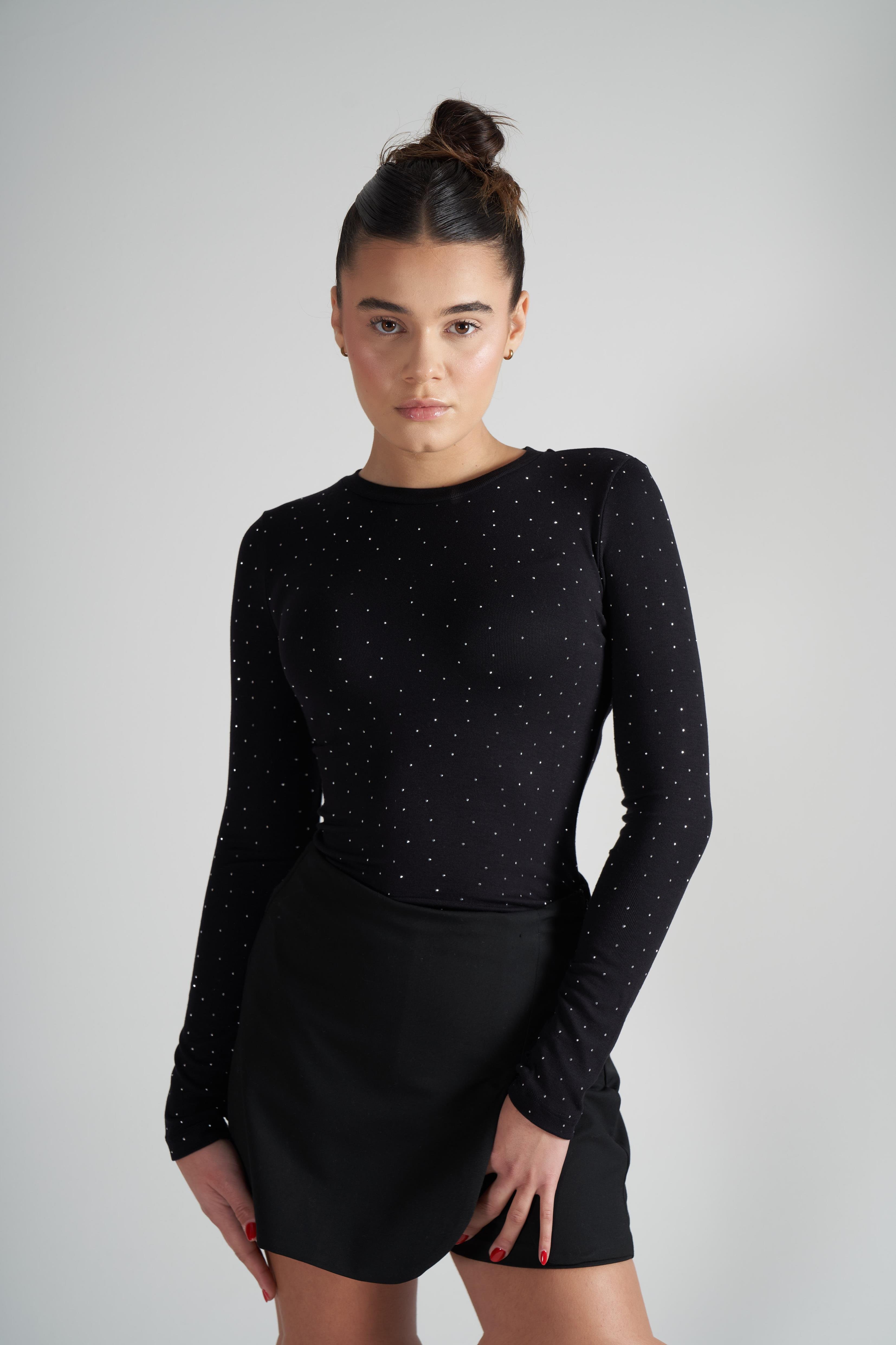 Taş Detaylı Uzun Kol Ribana Bluz Siyah