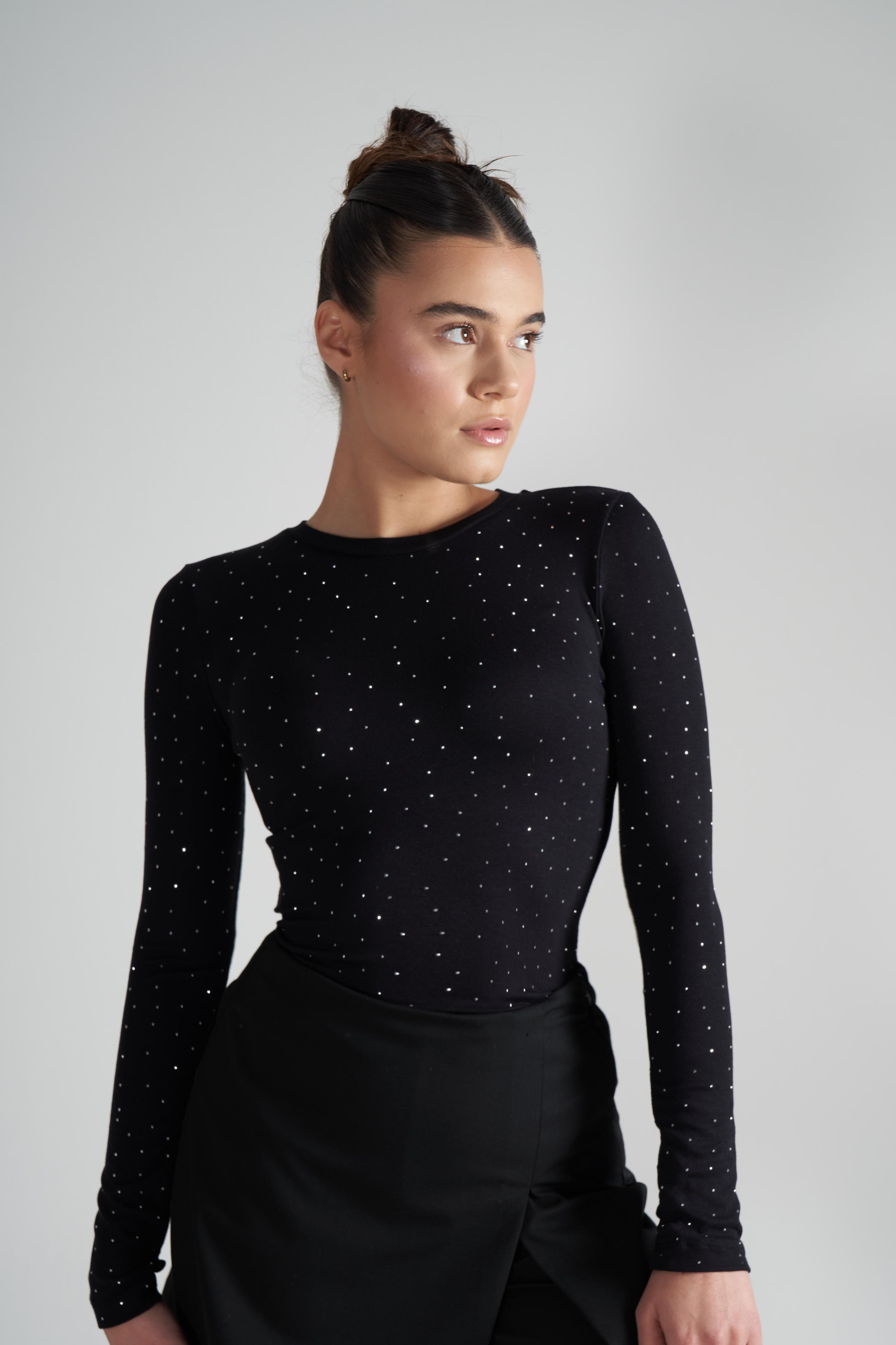 Taş Detaylı Uzun Kol Ribana Bluz Siyah