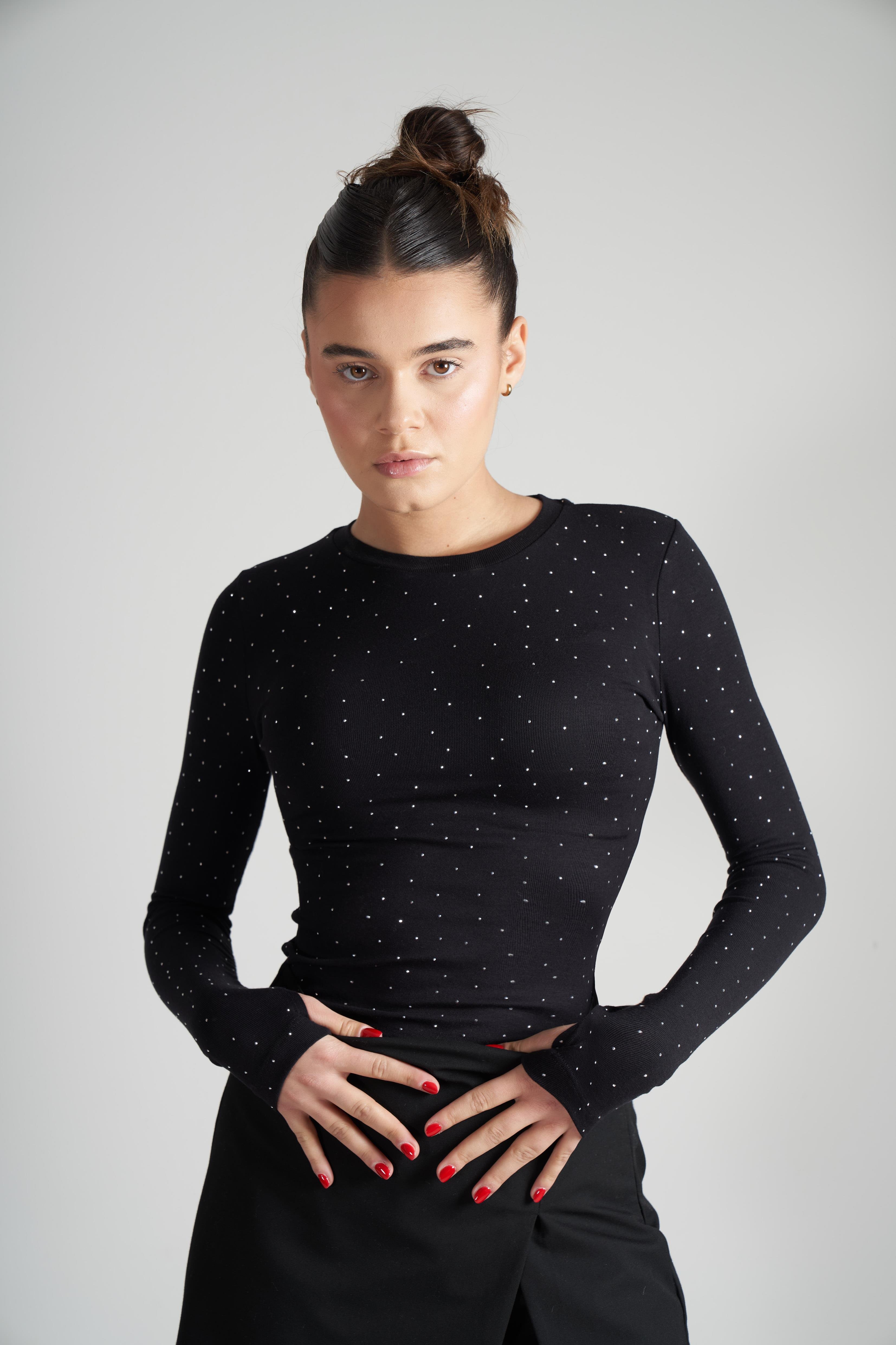 Taş Detaylı Uzun Kol Ribana Bluz Siyah