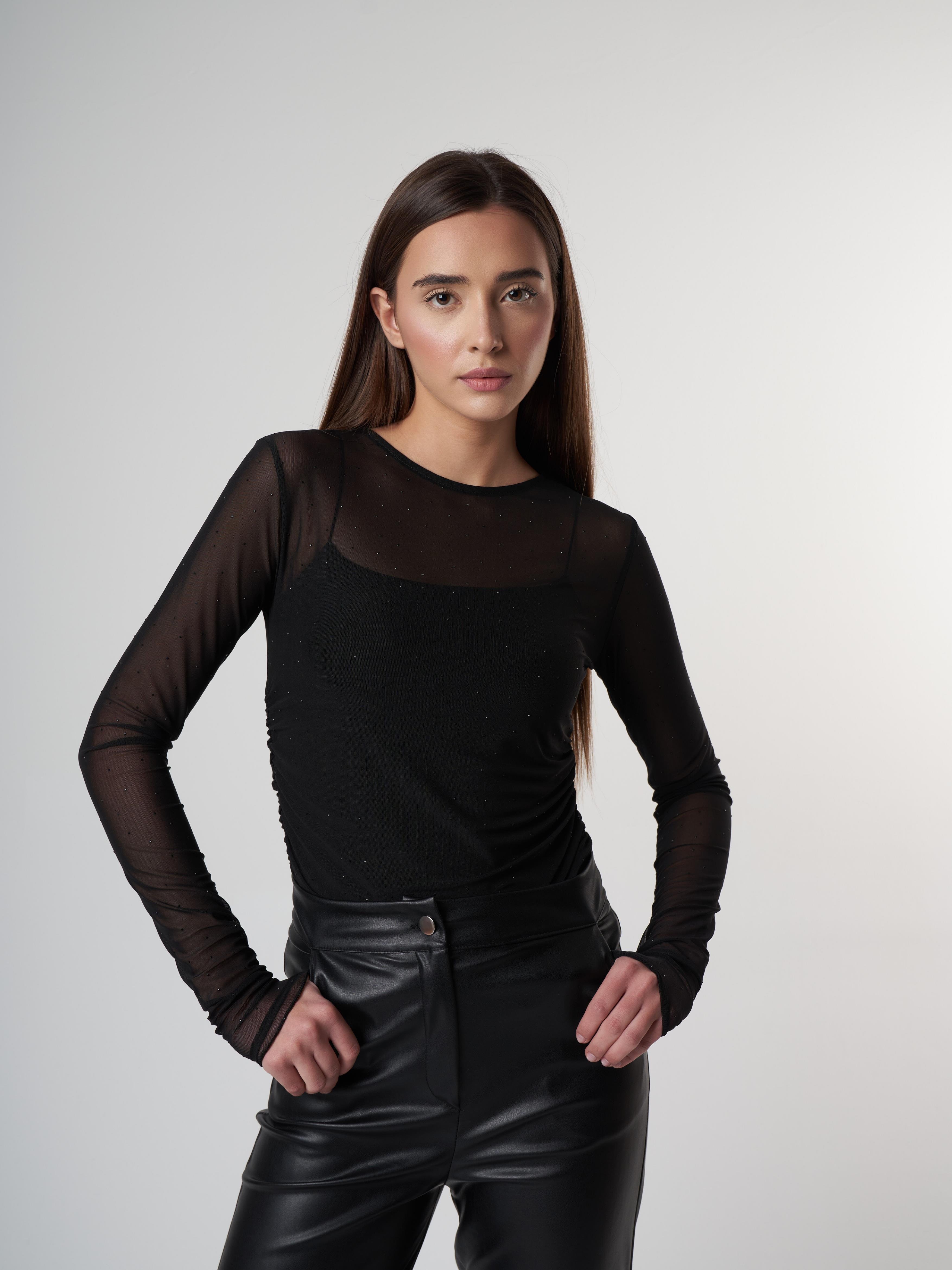 Taş Detaylı Uzun Kol Tül Bluz Siyah