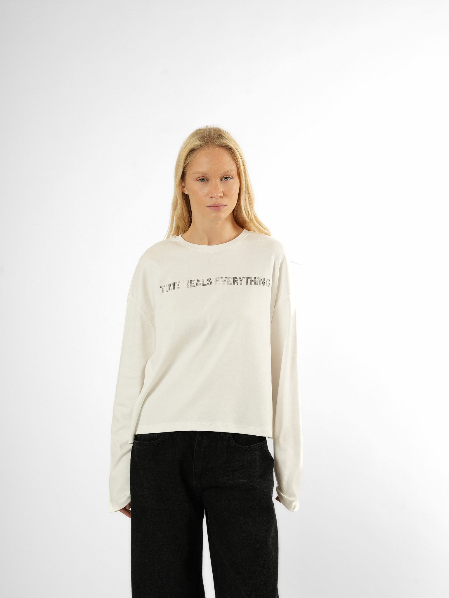 Taş İşlemeli Uzun Kol T-shirt Ekru