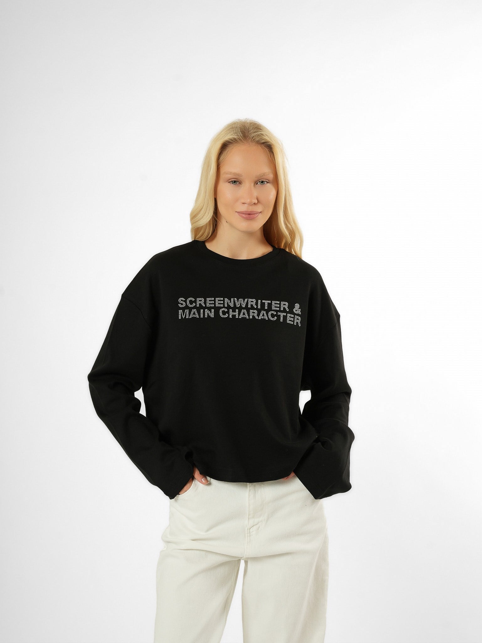 Taş İşlemeli Uzun Kol T-shirt Siyah