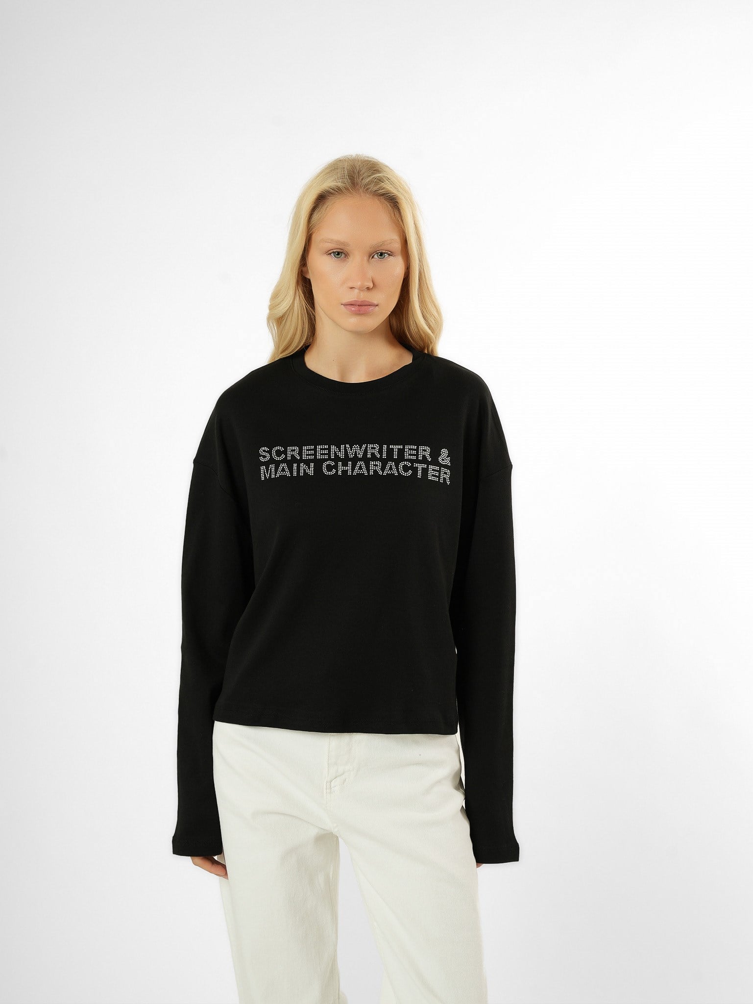 Taş İşlemeli Uzun Kol T-shirt Siyah