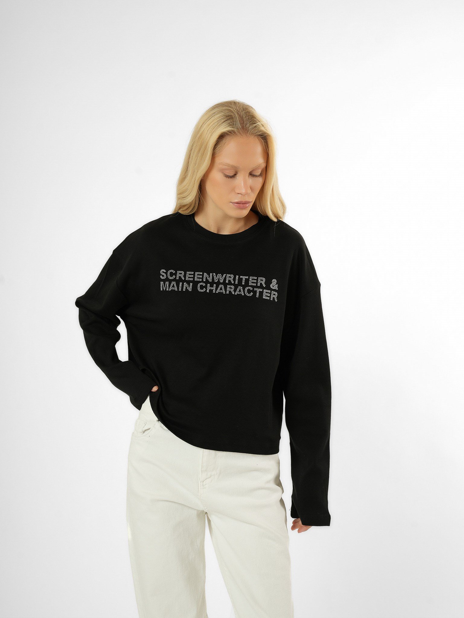 Taş İşlemeli Uzun Kol T-shirt Siyah