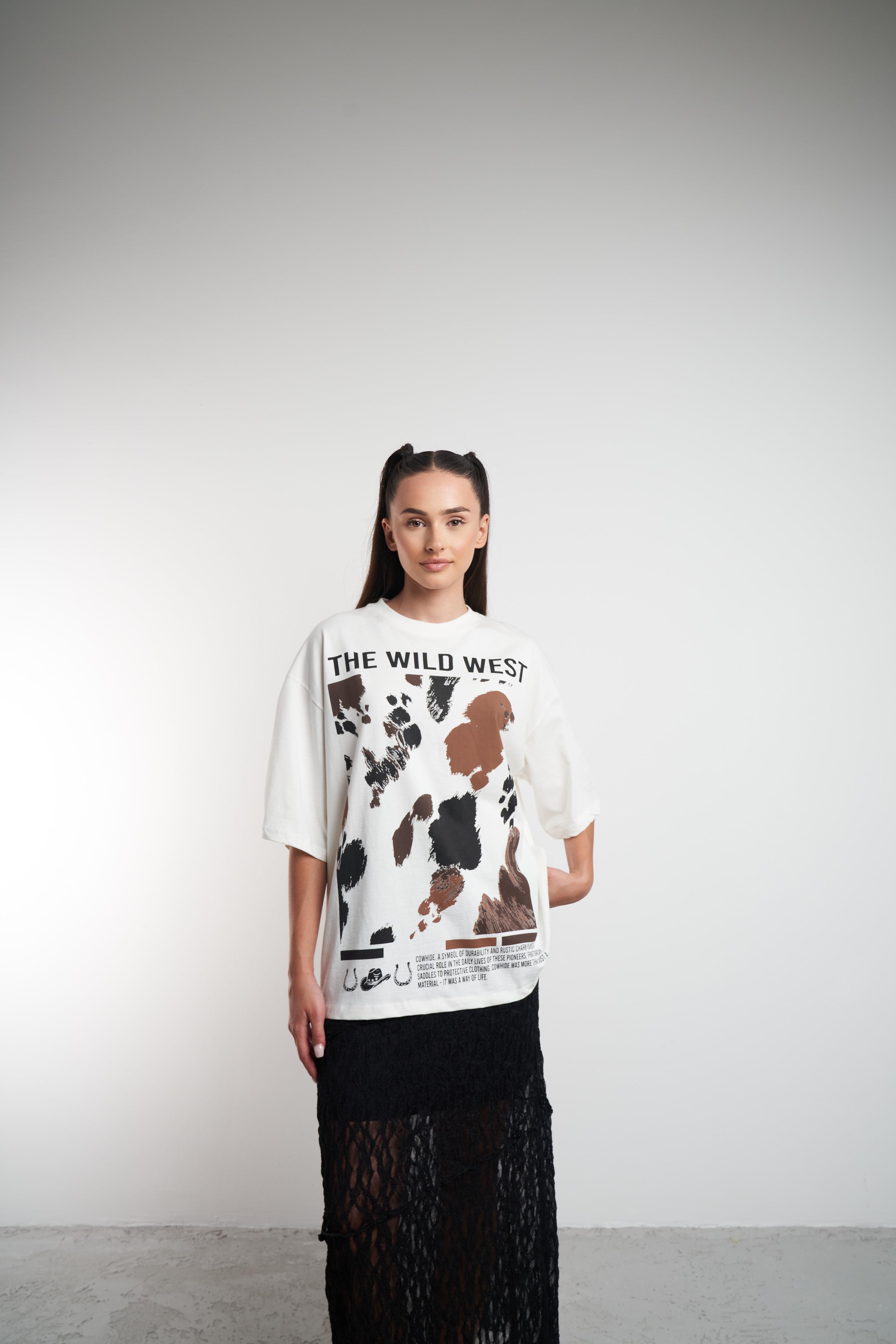 The Wild West Baskılı Oversize Kısa Kol T-shirt Ekru