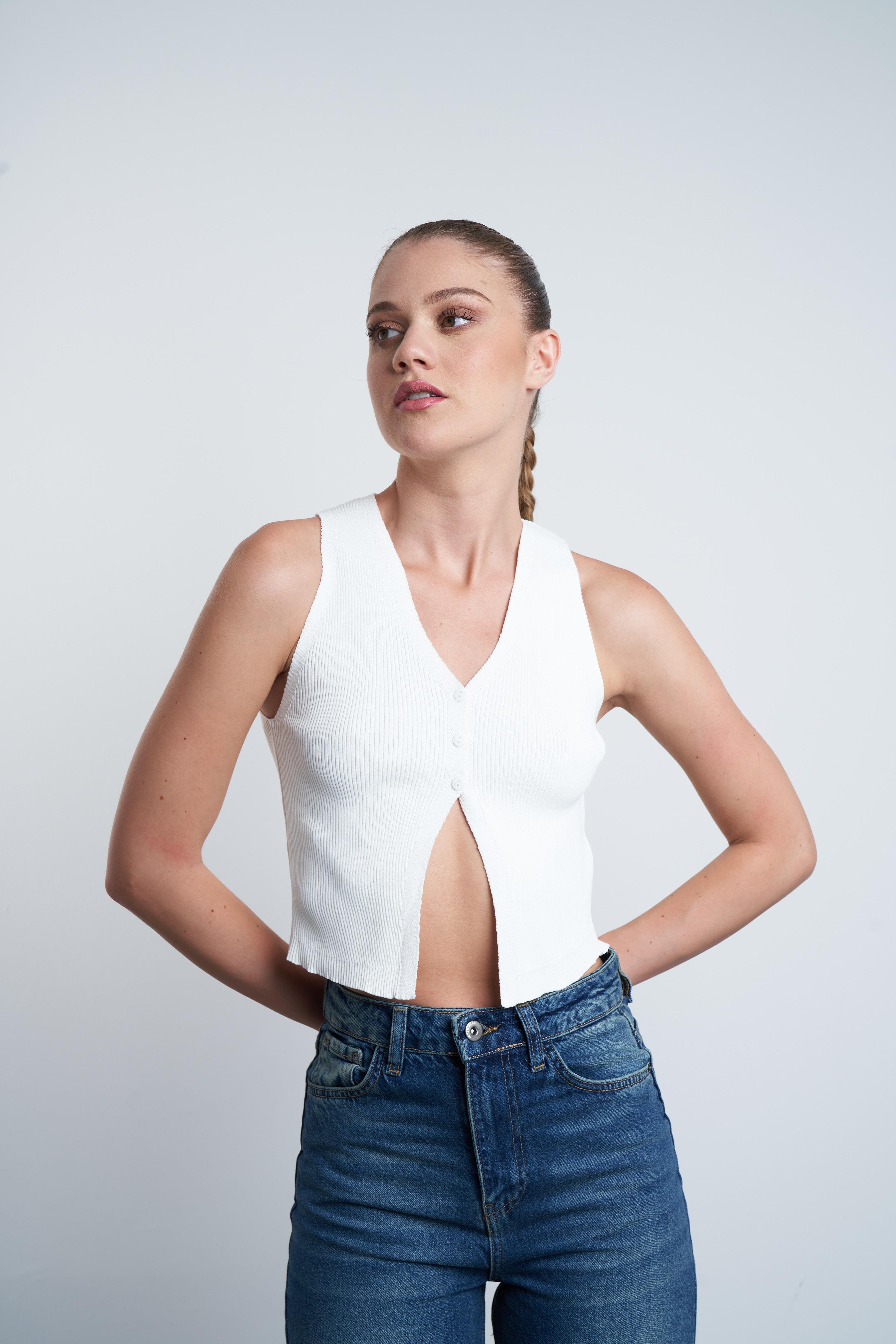 Triko Crop Yelek Ekru