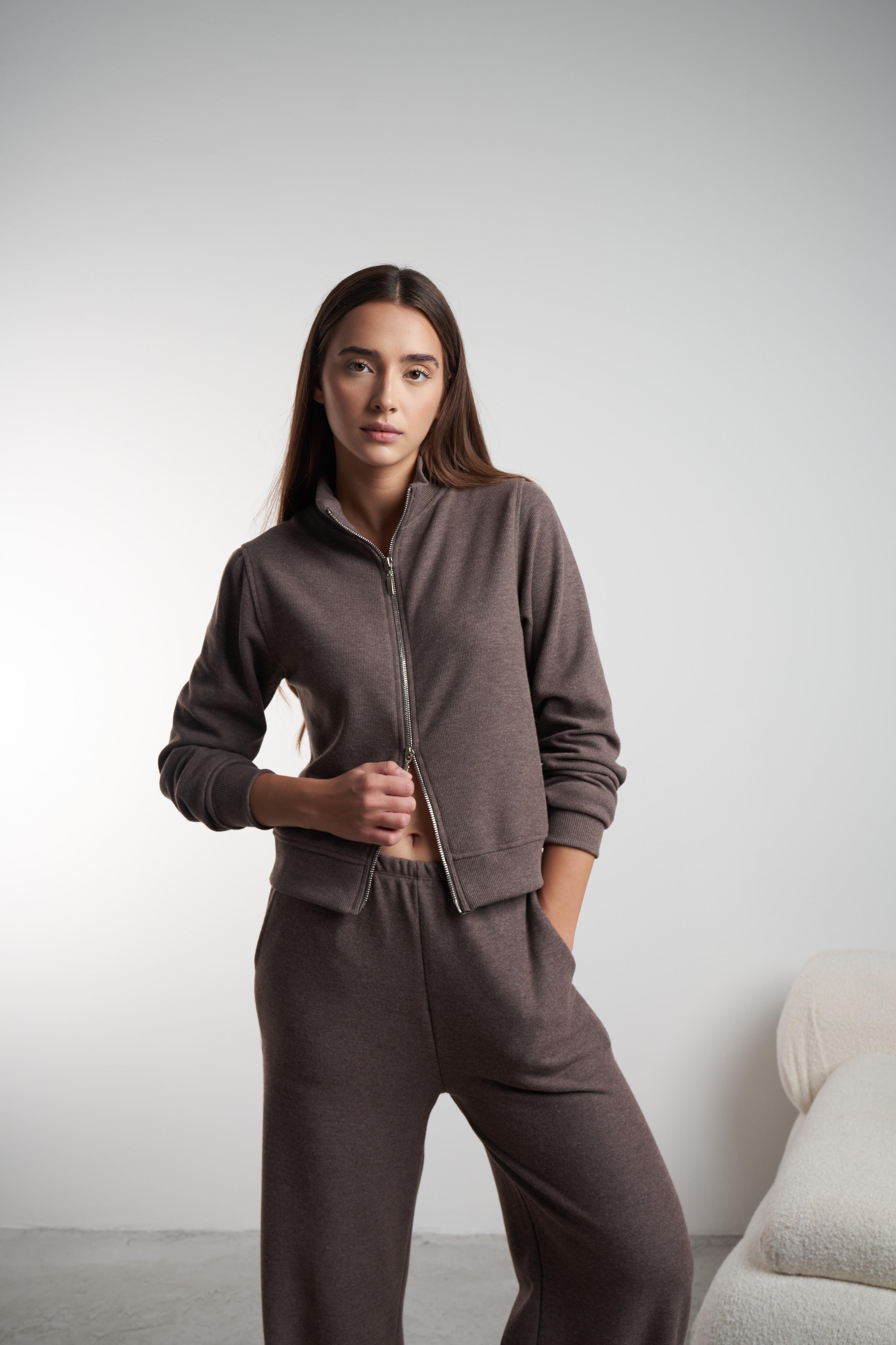 Triko Kısa Sweatshirt Ceket Kahvemelanj