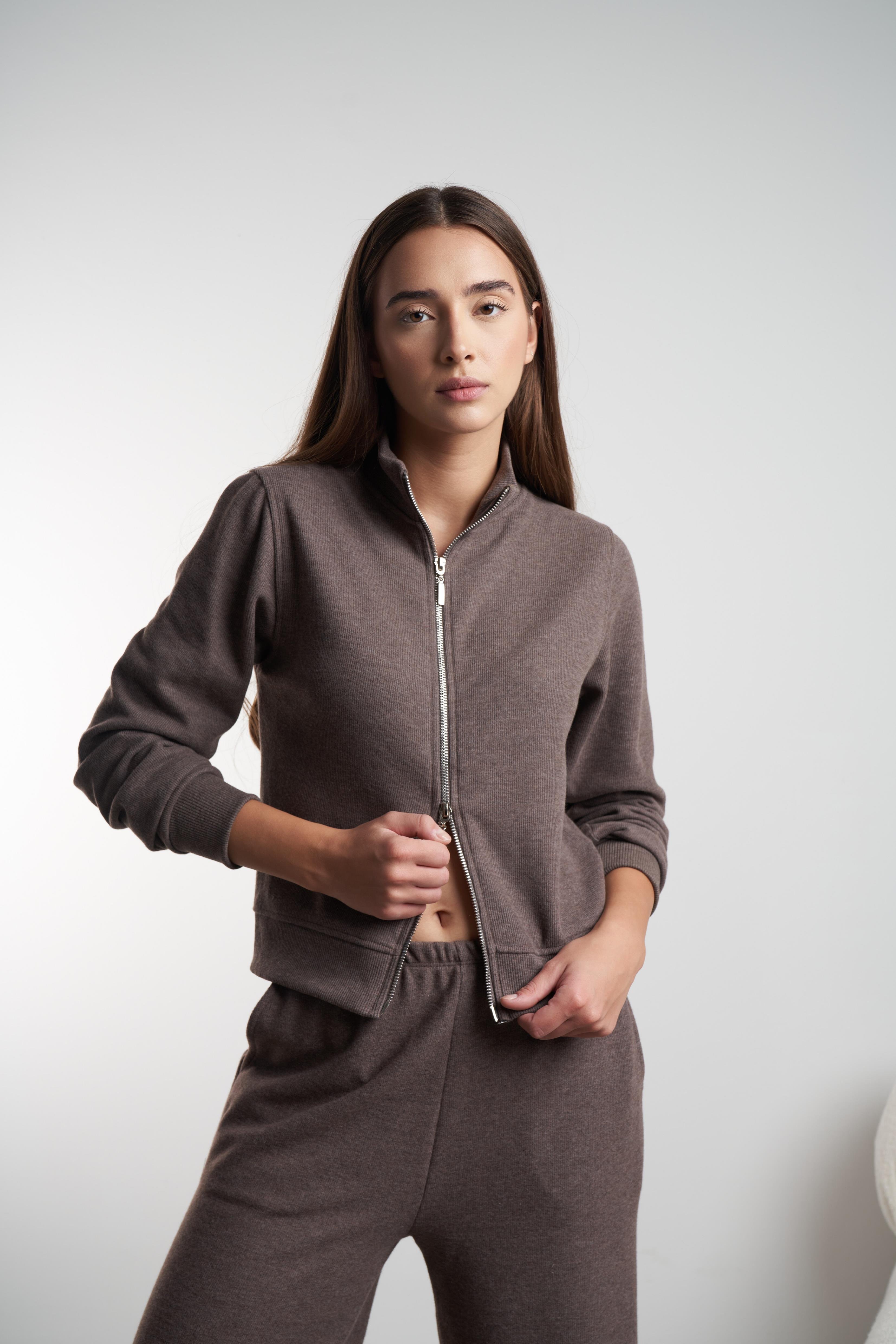 Triko Kısa Sweatshirt Ceket Kahvemelanj