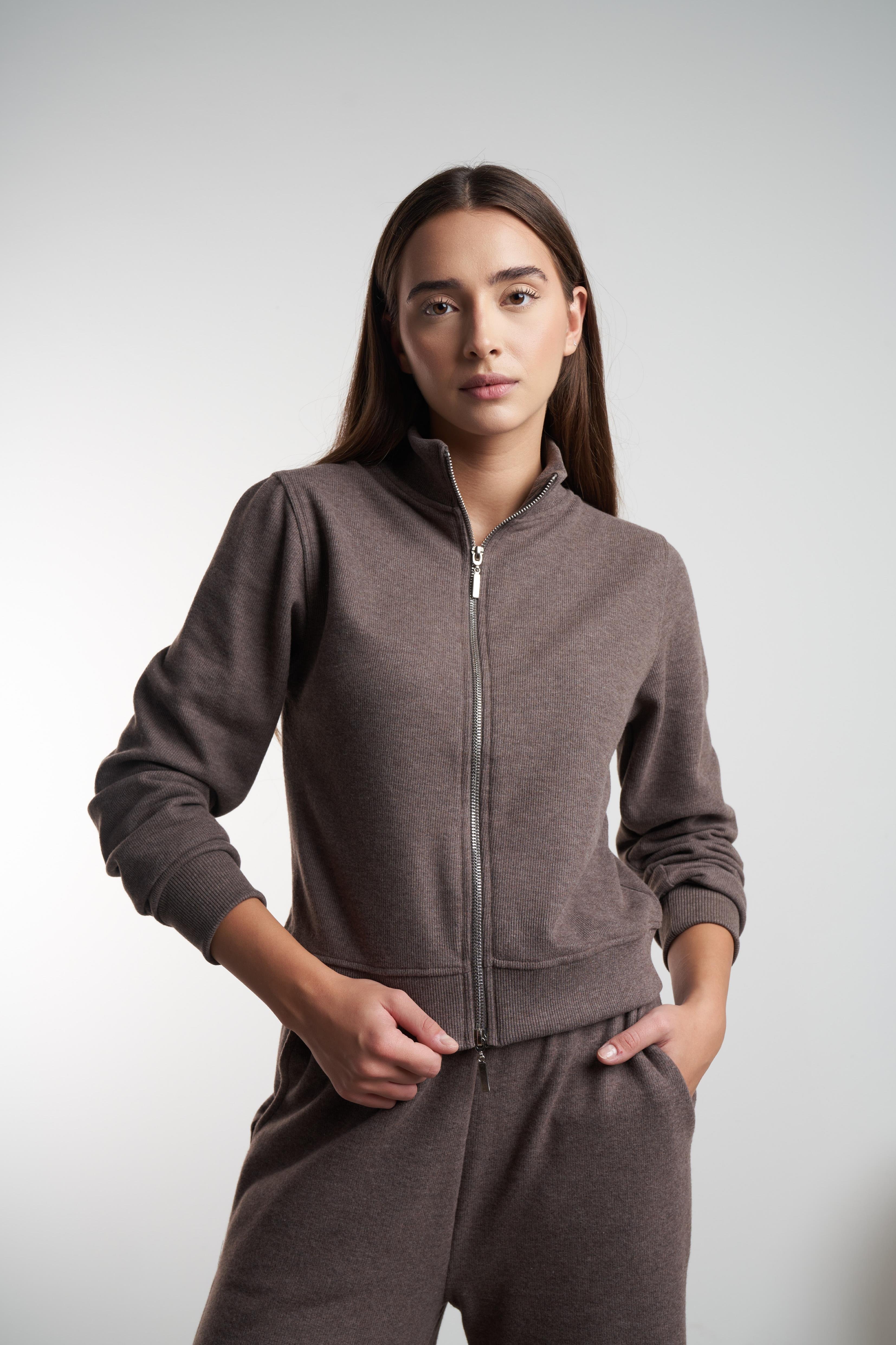 Triko Kısa Sweatshirt Ceket Kahvemelanj