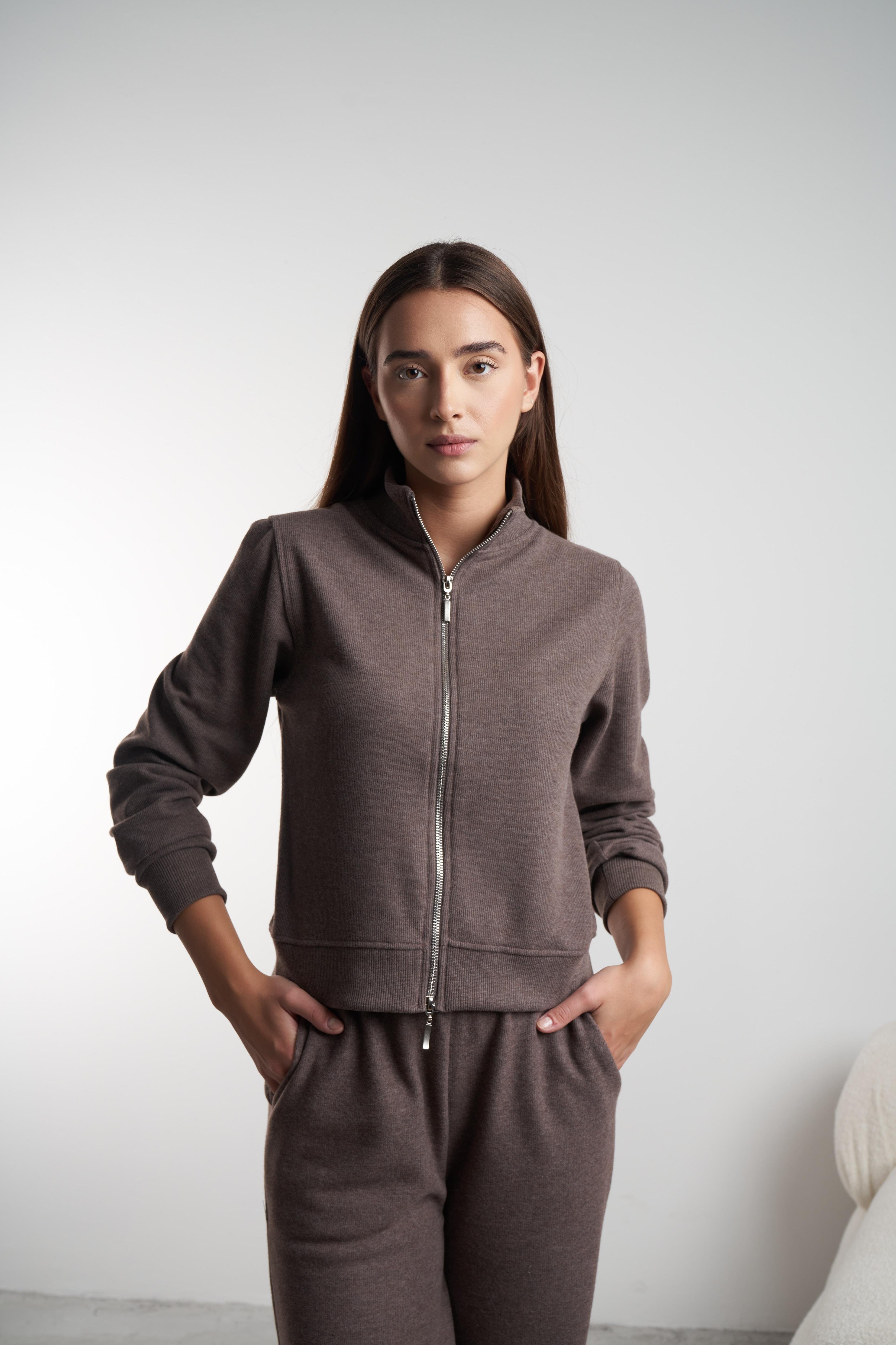 Triko Kısa Sweatshirt Ceket Kahvemelanj