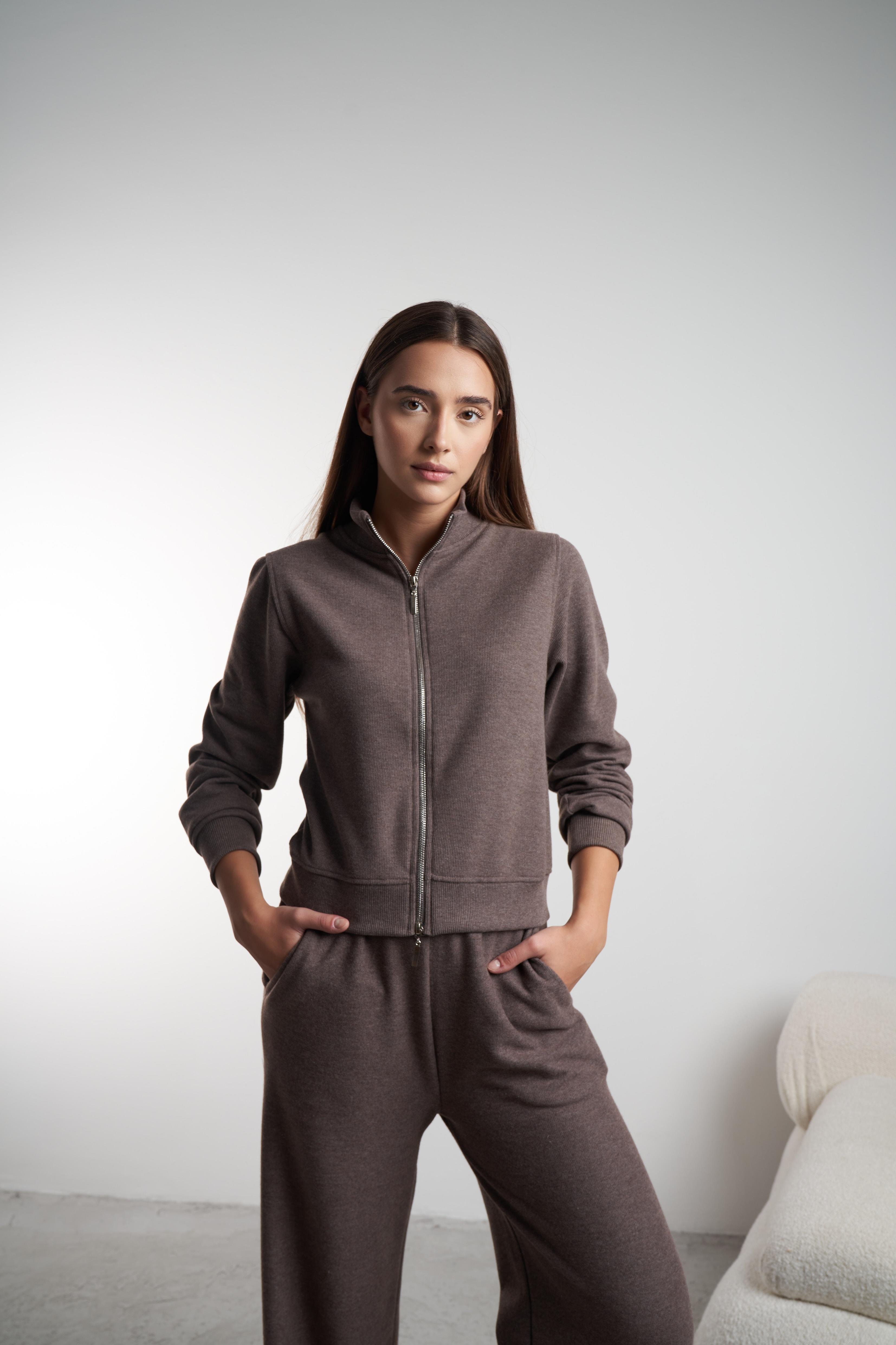 Triko Kısa Sweatshirt Ceket Kahvemelanj