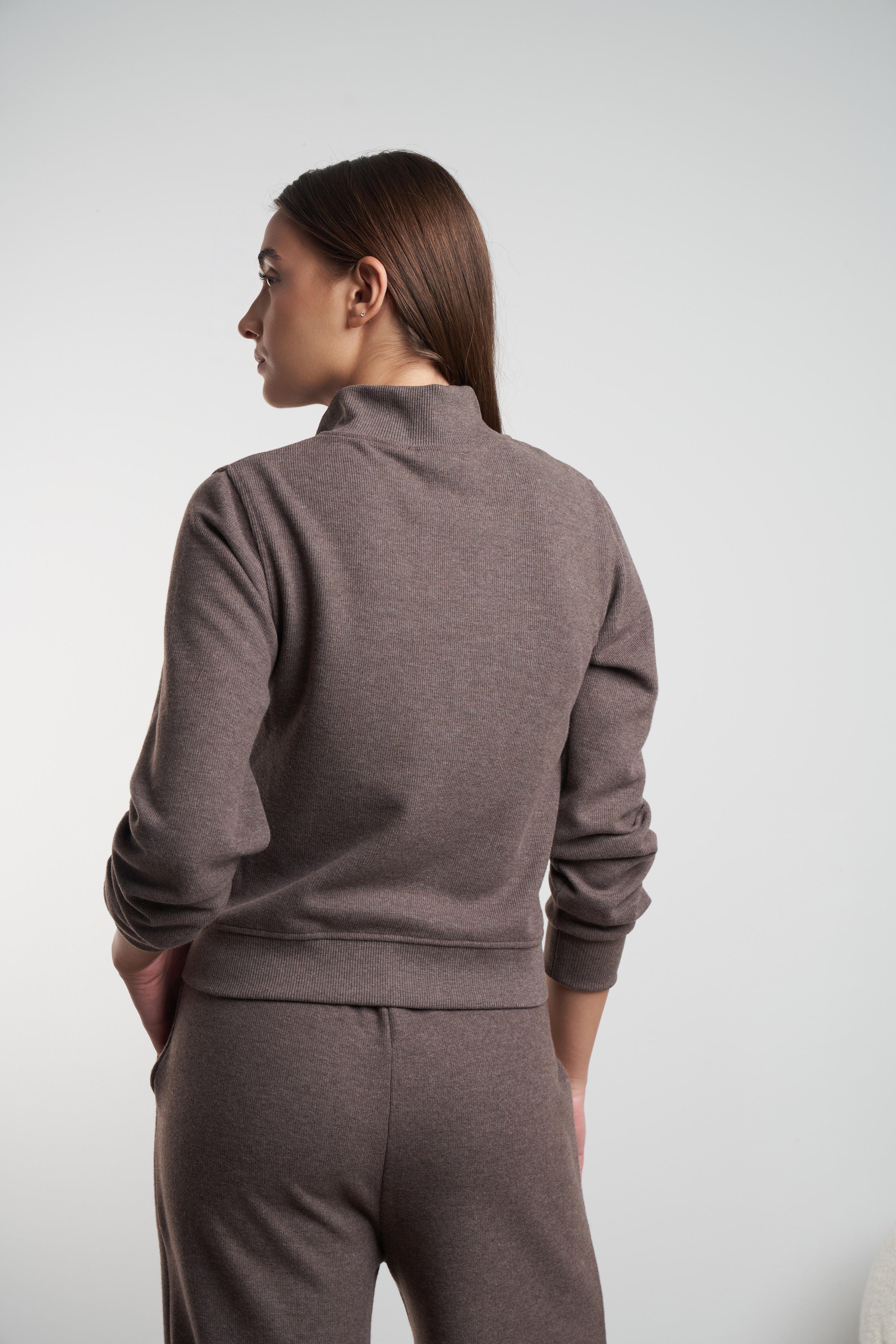 Triko Kısa Sweatshirt Ceket Kahvemelanj